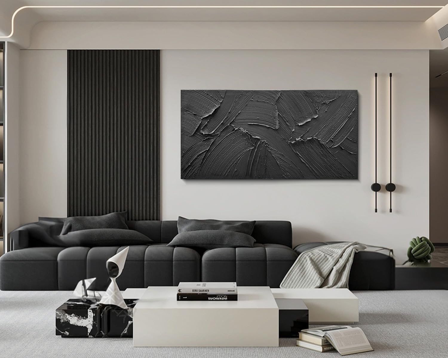 Art Hand painted black minimalist texture oil painting 24x48 inch