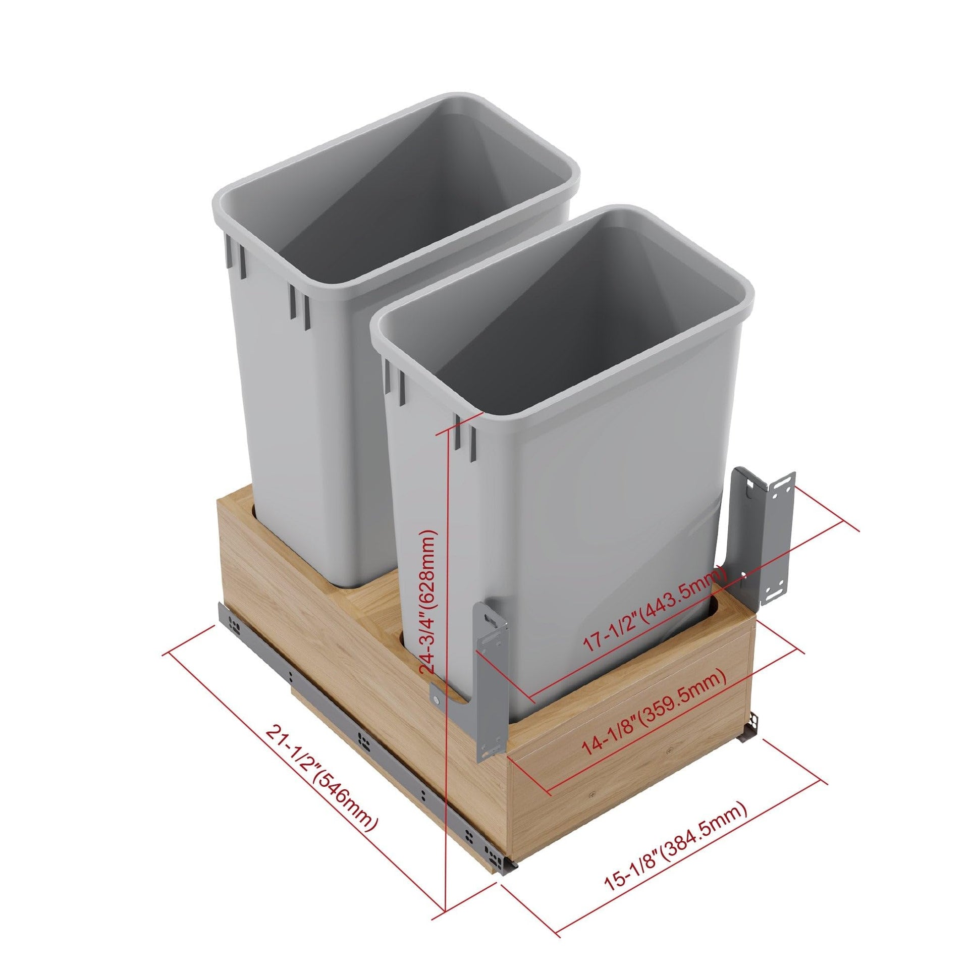 Dowell B18 B21 Wood Base Wastebasket Pullout with Two 50Qt Plastic Bins