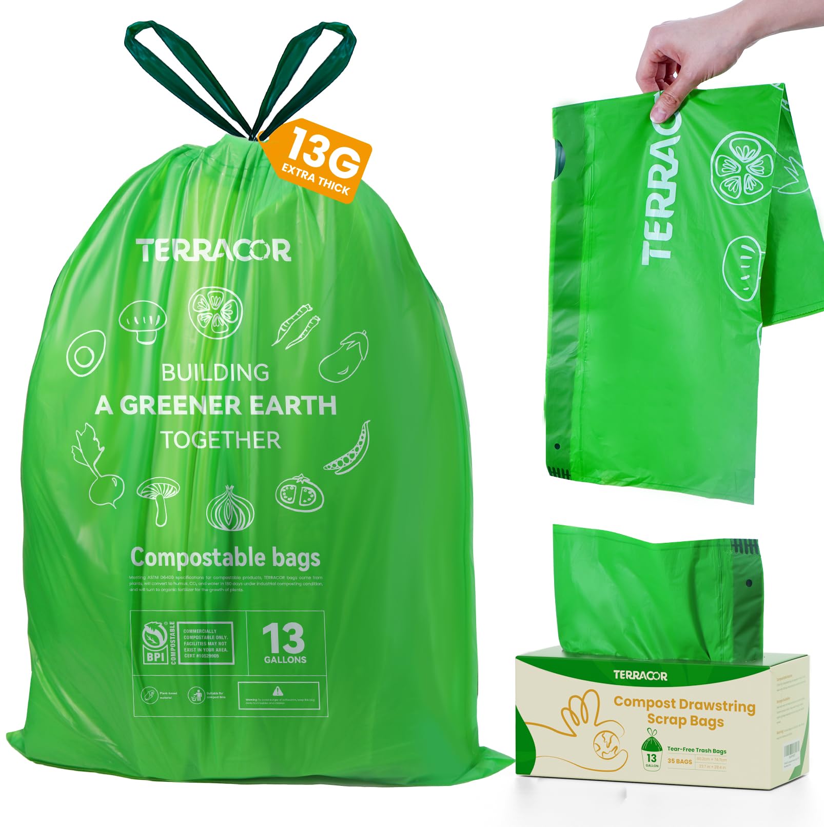 13 Gallon Compostable Trash Bags Drawstring (35 Count)