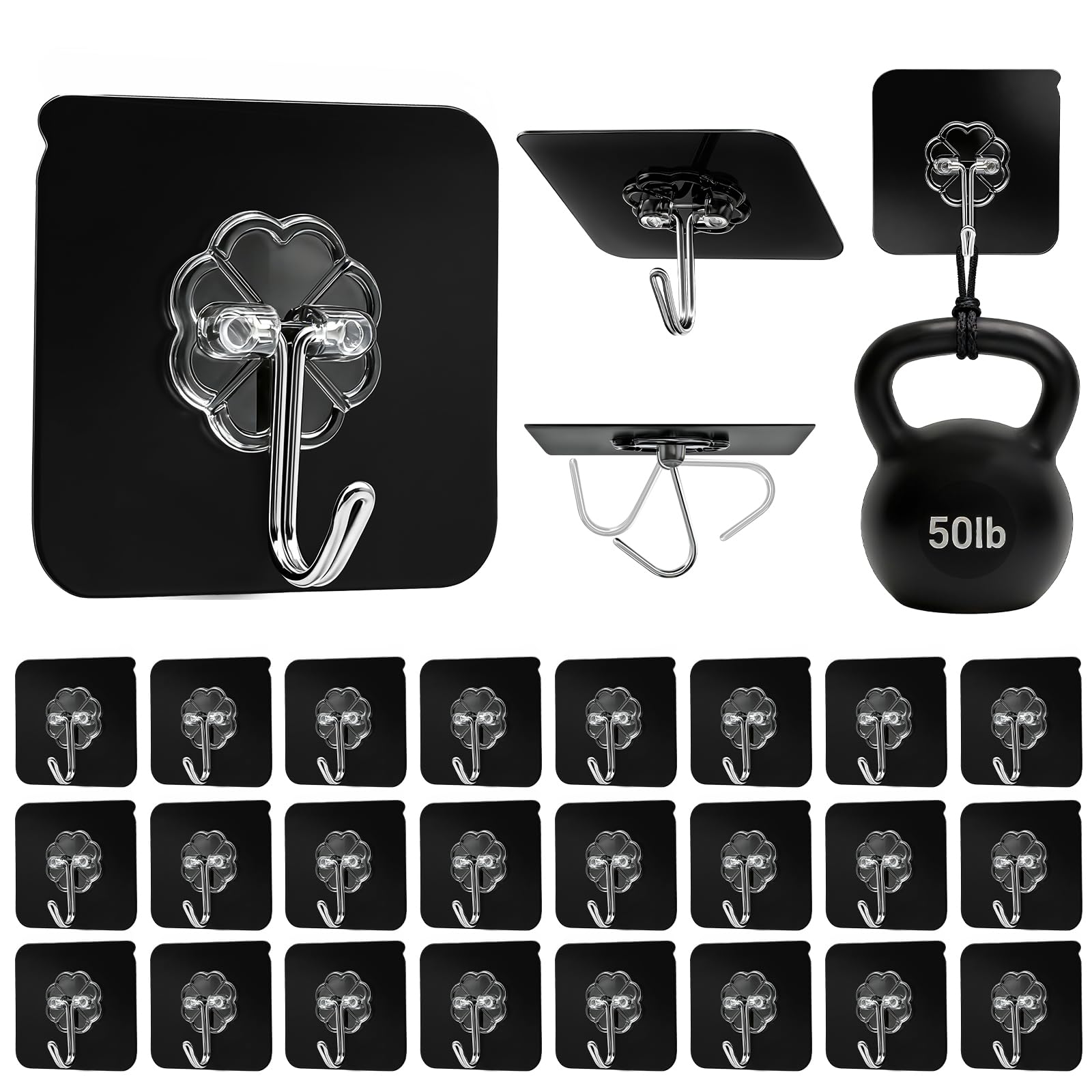 Black Adhesive Wall Hook for Hanging Heavy Duty Sticky Hooks 24 Pack (24 Count)
