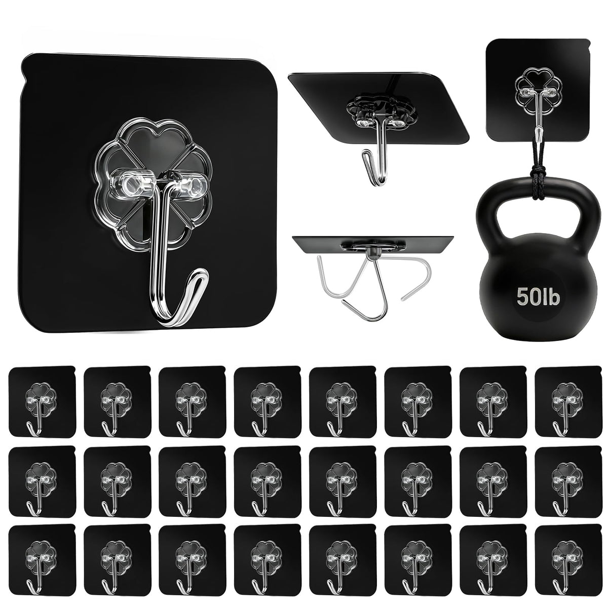 Black Adhesive Wall Hook for Hanging Heavy Duty Sticky Hooks 24 Pack (24 Count)