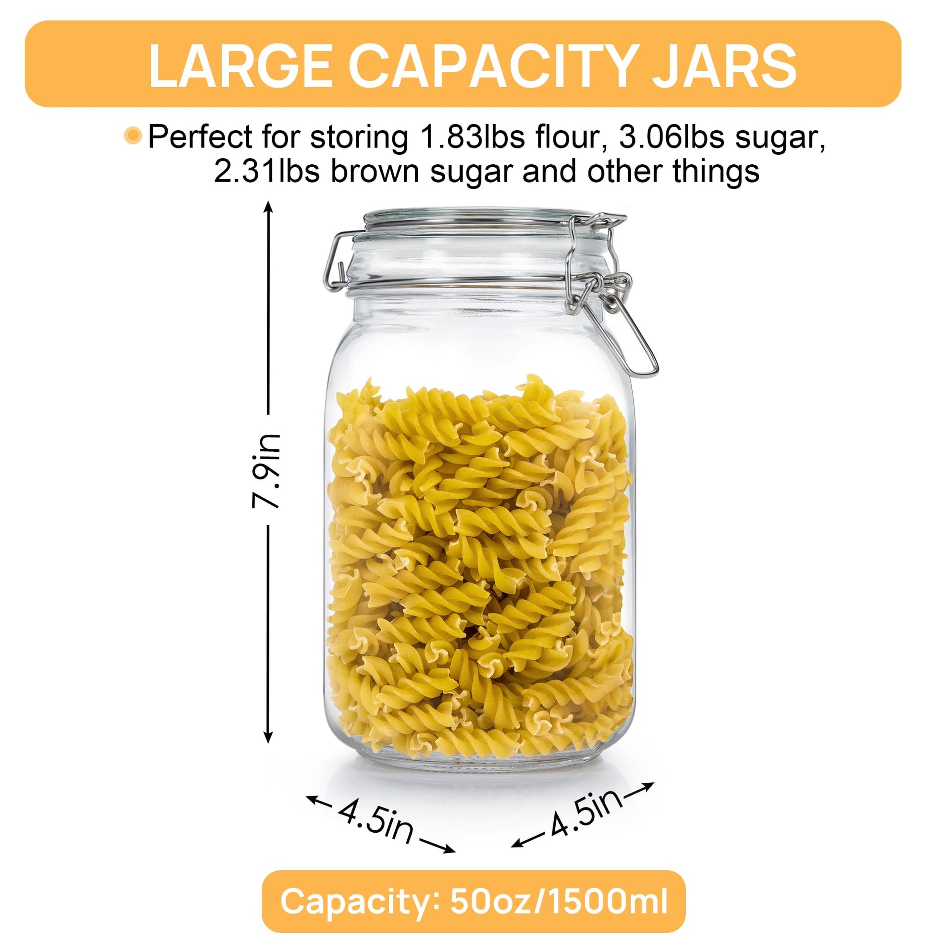50oz Glass Food Storage Jars with Airtight Clamp Lids (3 Count)