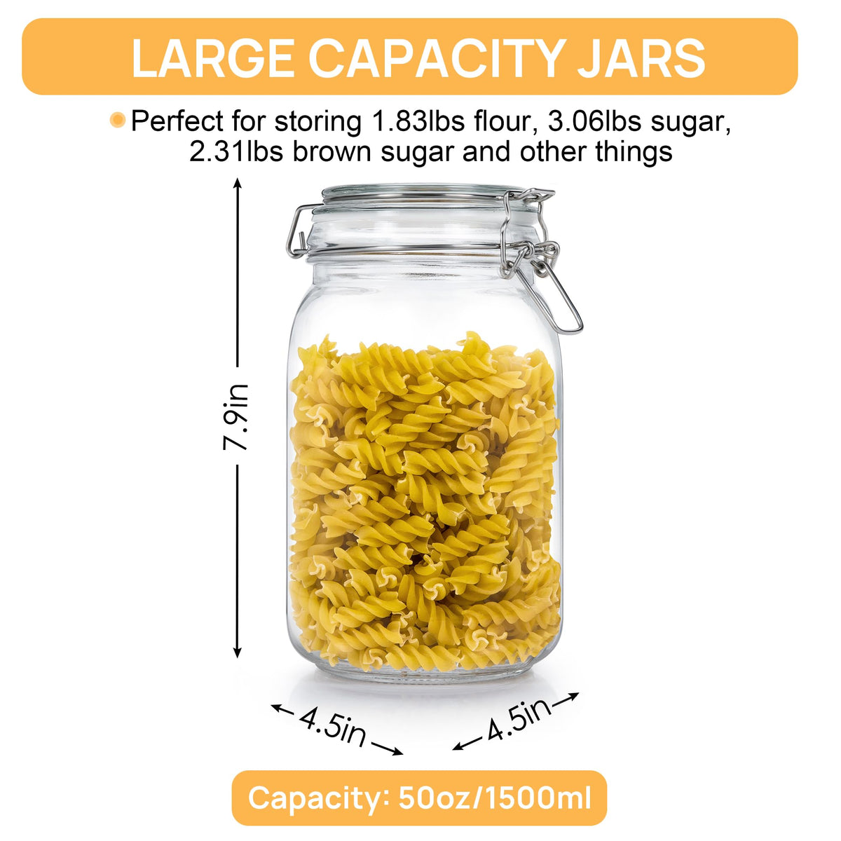 50oz Glass Food Storage Jars with Airtight Clamp Lids (3 Count)