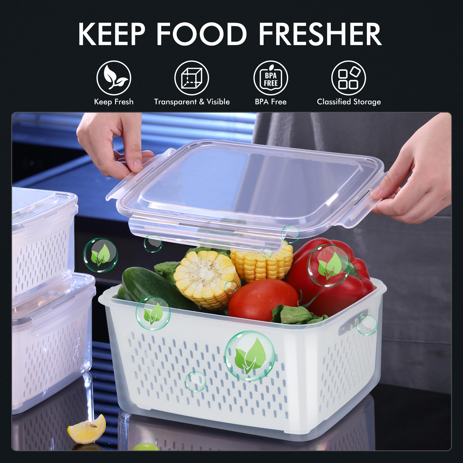 5 Pack Large Fruit Storage Container for Fridge Leak proof with Removable Colander (140.3282 Fl Oz)
