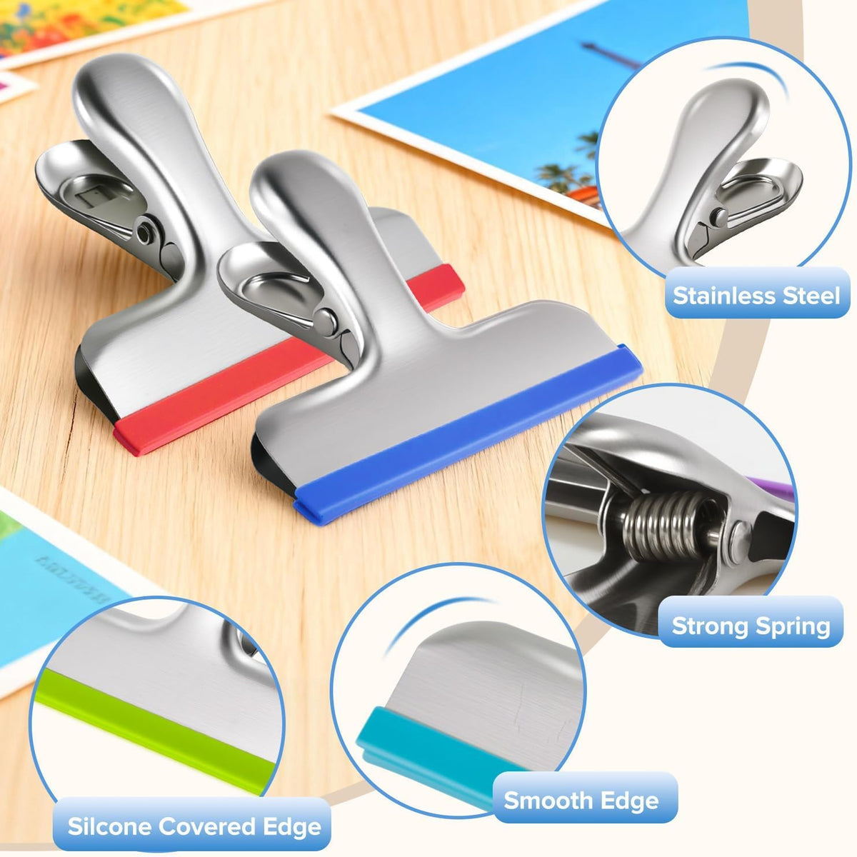 8 Pack Stainless Steel Chip Bag Clips Covered with Silicone