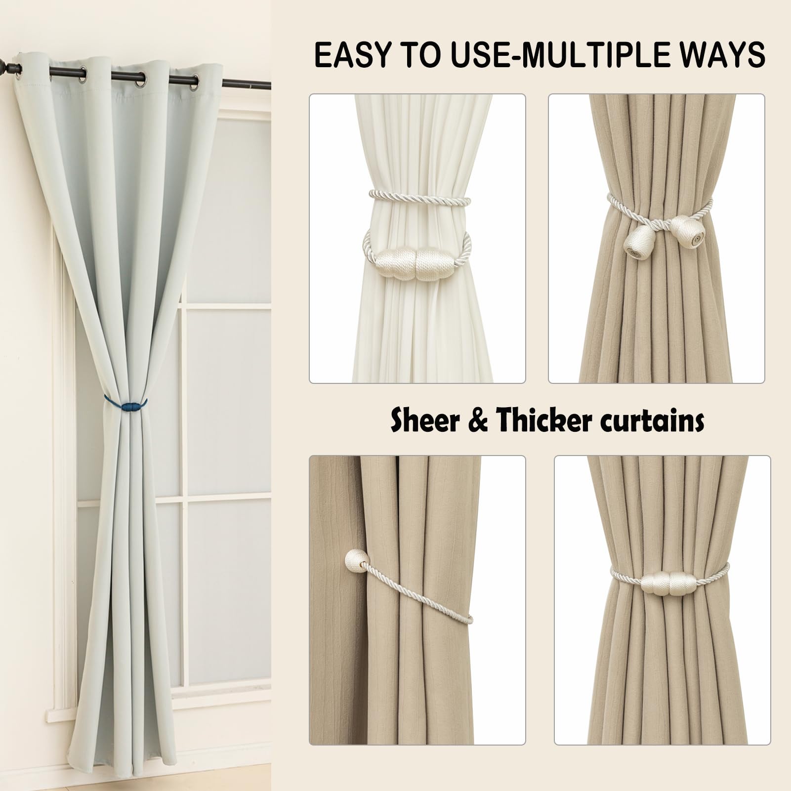 Magnetic Curtain Tiebacks Rope Curtain Tie Backs for Curtains 8 Pack Curtain Holders for Drapes Decorative Window Curtain Holdbacks (8 Count)