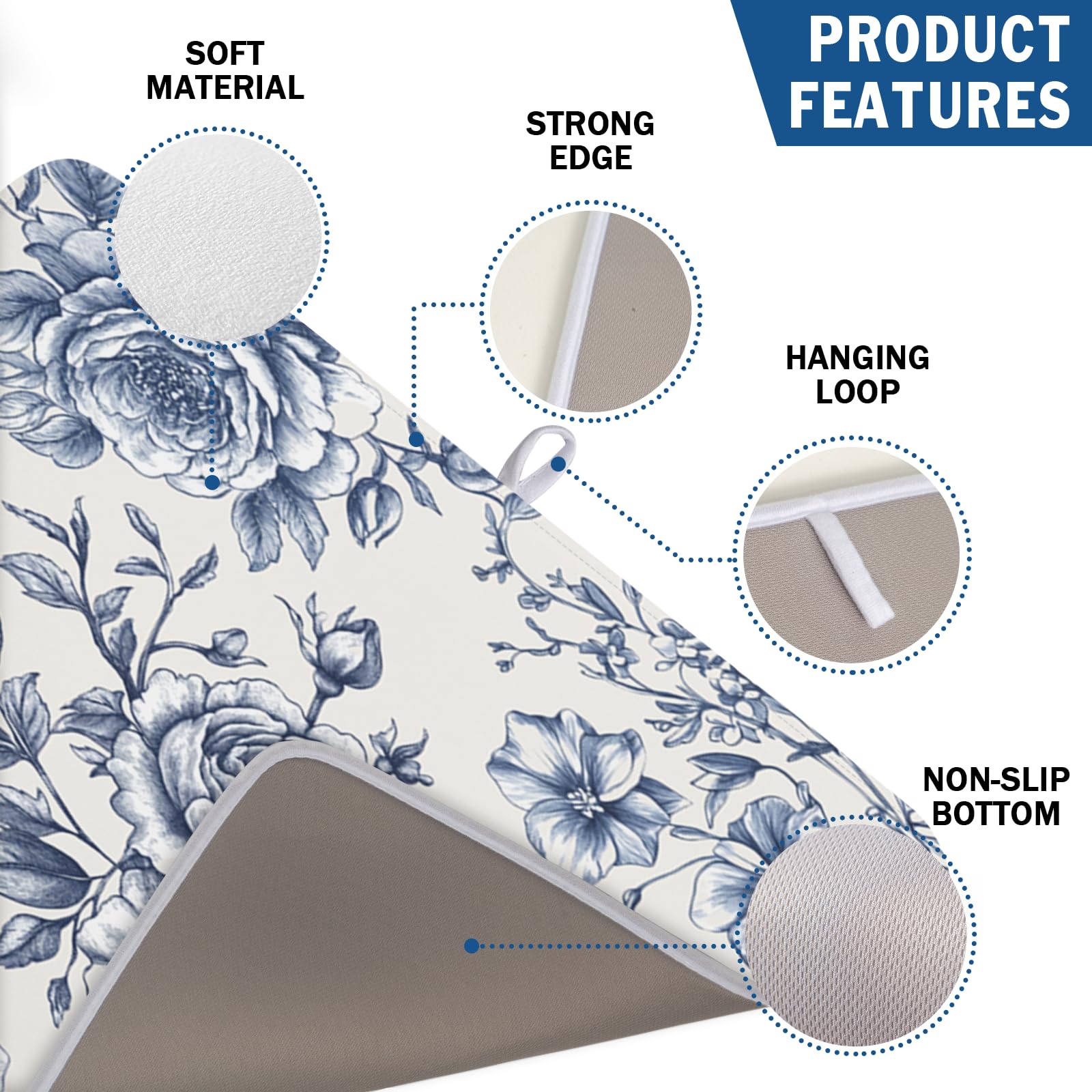 Vintage Floral Dish Drying Mat for Kitchen Counter Blue Floral Chinoiserie Pattern Dish Drying Pad 18x24 In Absorbent French Farmhouse Decor Dishes Drainer Pad Dish Dry Rack Mat for Counter Coffee Bar