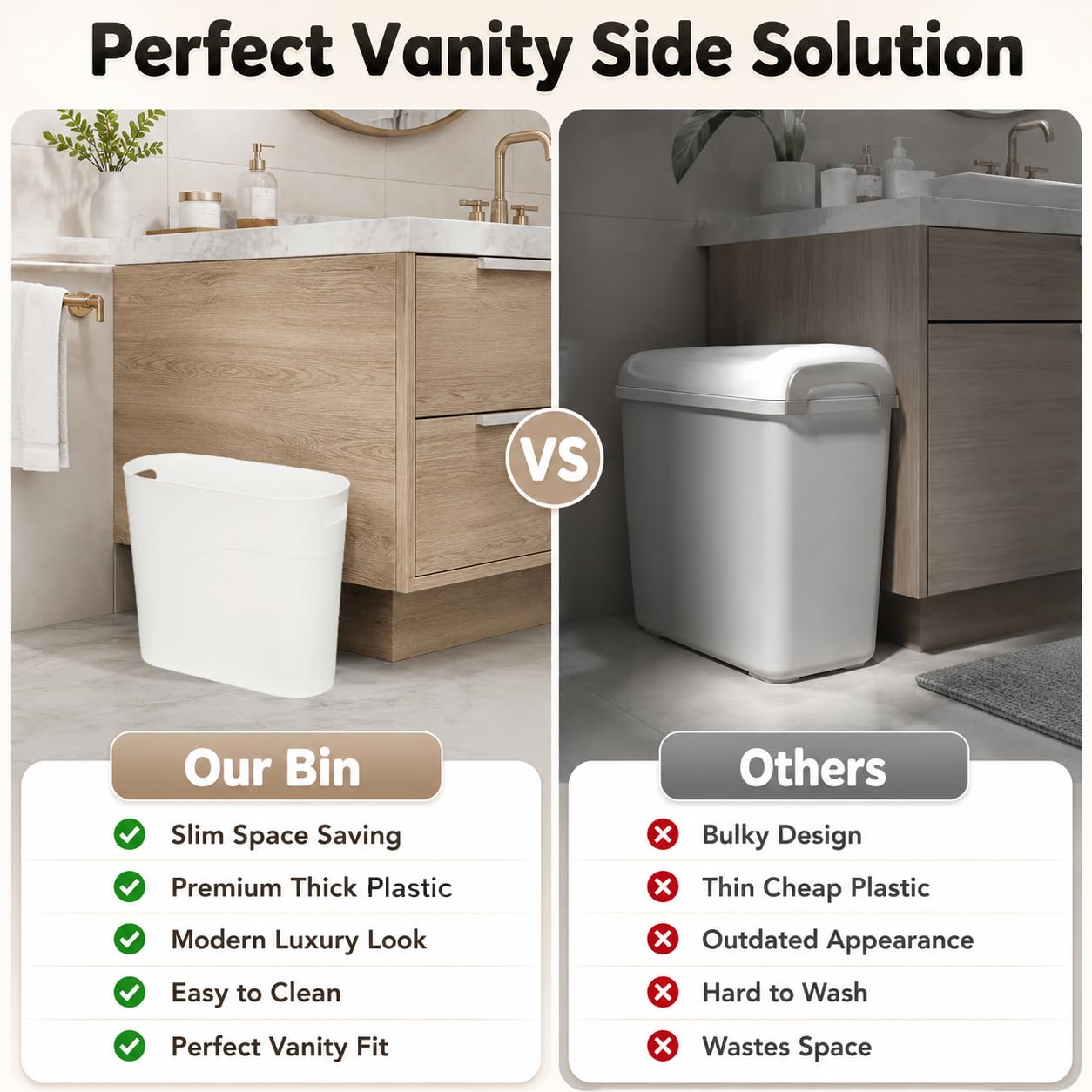 Small Trash Can Plastic Bathroom Wastebasket 3.2 Gallon Slim Garbage Container Bin with Handle for Home Kitchen Bathroom Bedroom Office (2 Count)