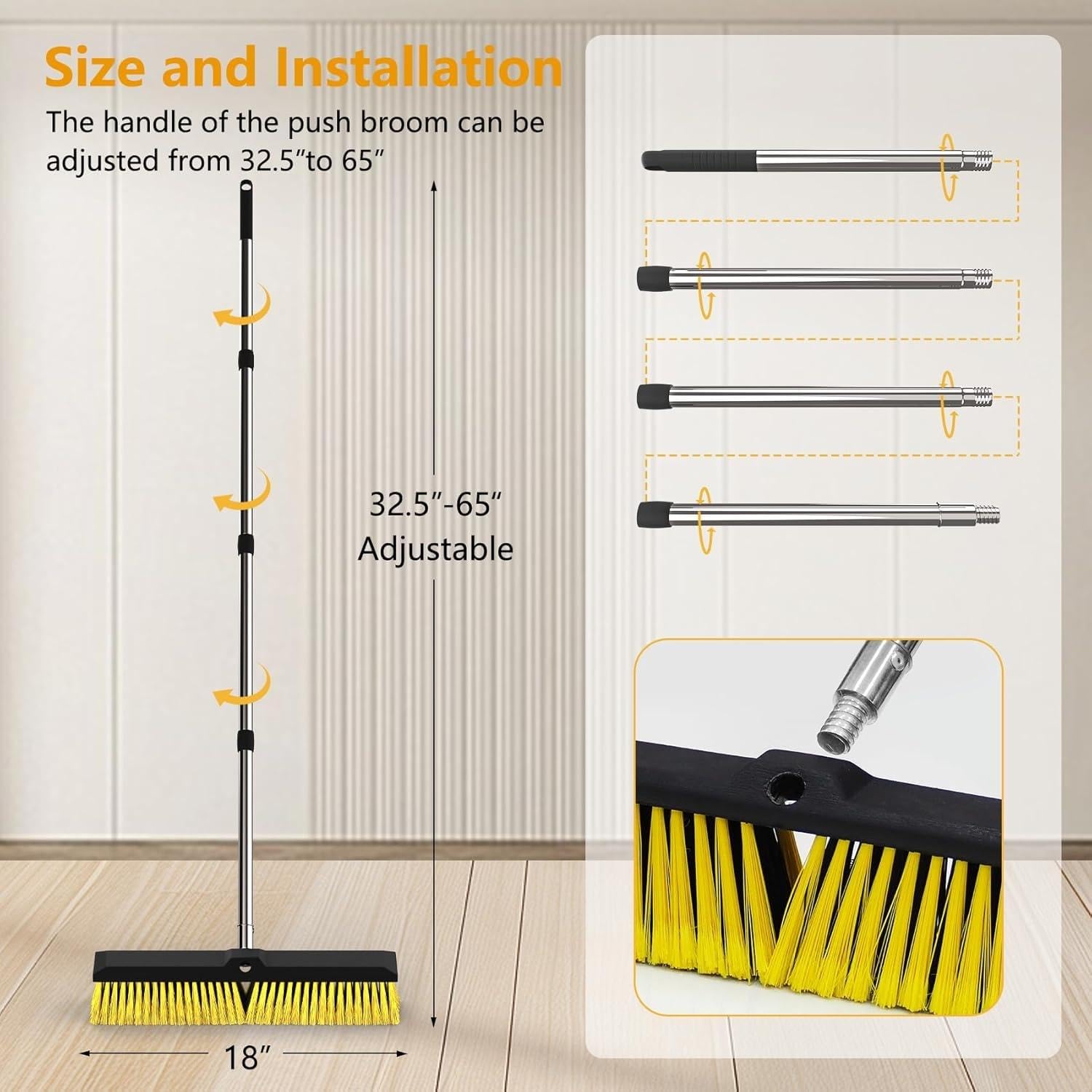 18 Inches Push Broom Outdoor with 65" Adjustable Handle