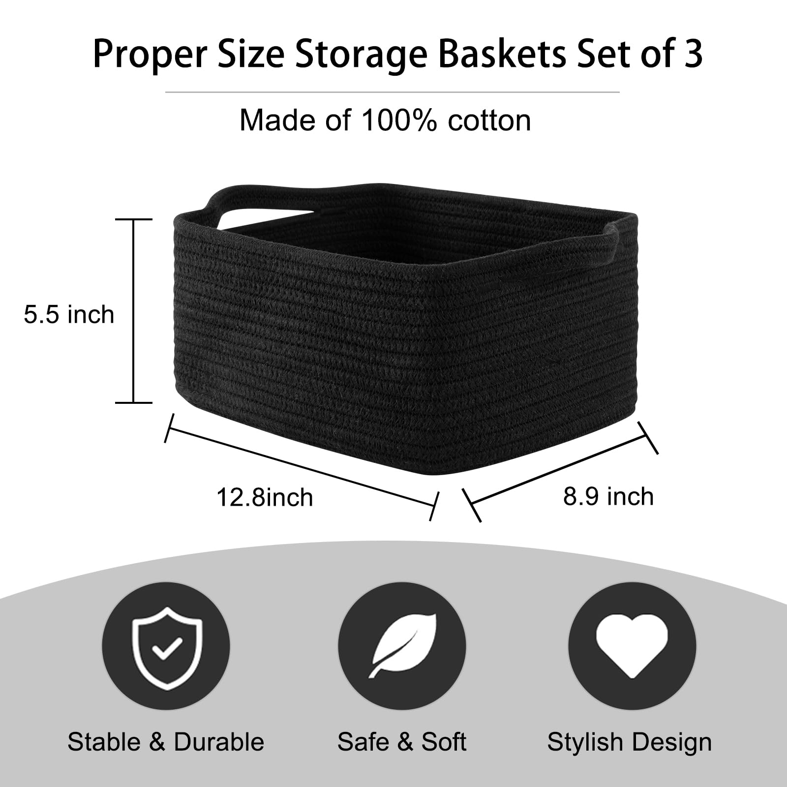3 Pack Storage Baskets for Shelves Cotton Rope Storage Bins Black (3 Count)