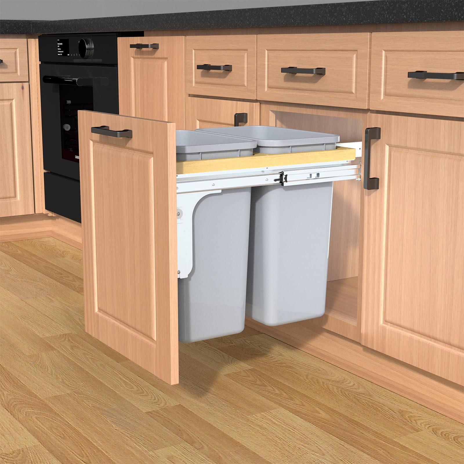Double Pull Out Under Cabinet Trash Can 35 Qt Garbage Bin for 15" x 1.5" Face Frame