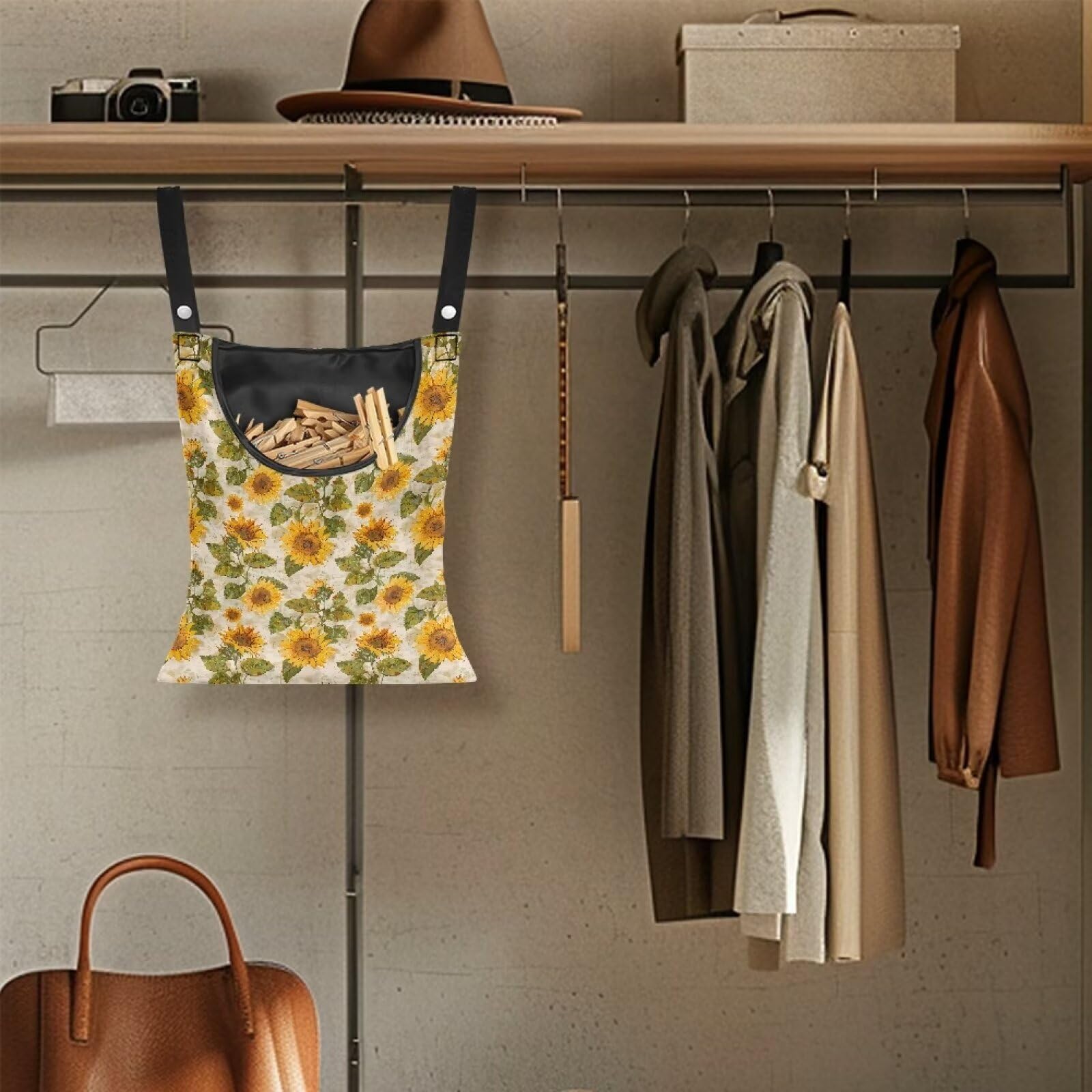 Sunflower Clothespin Organizer Bag Clothespin Bags with Hanging Hook Waterproof Clothes Pin Storage Organizer with Large Opening Clothespin Bag for Clothesline Outdoor