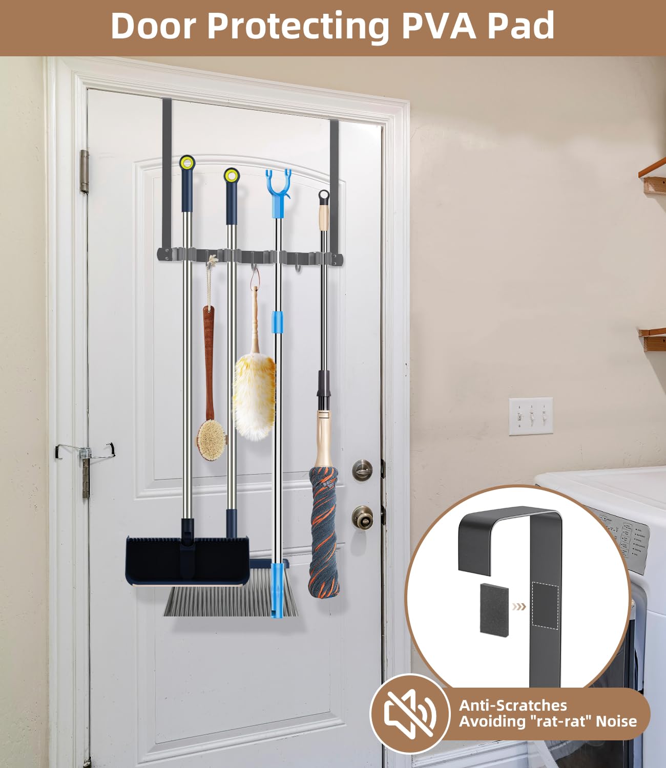 Broom Holder Over The Door with Hooks