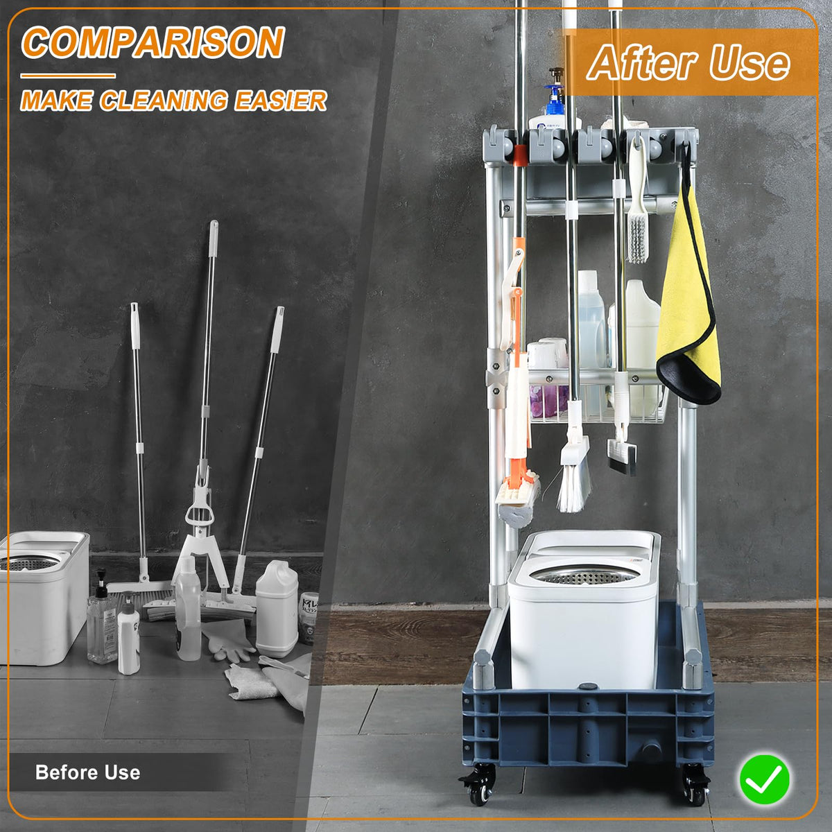 Rolling Cleaning Cart with Mop & Broom Organizer