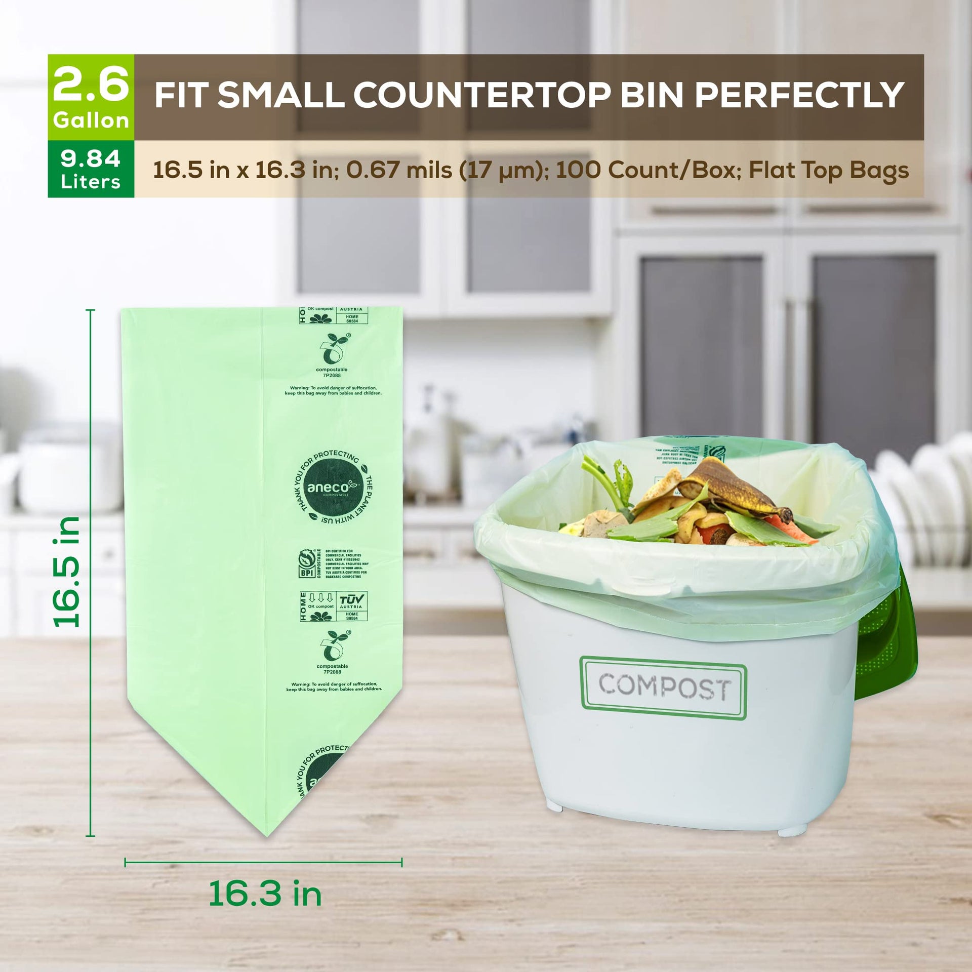100% Compostable Waste Bags 2.6 Gallon (50 Count)