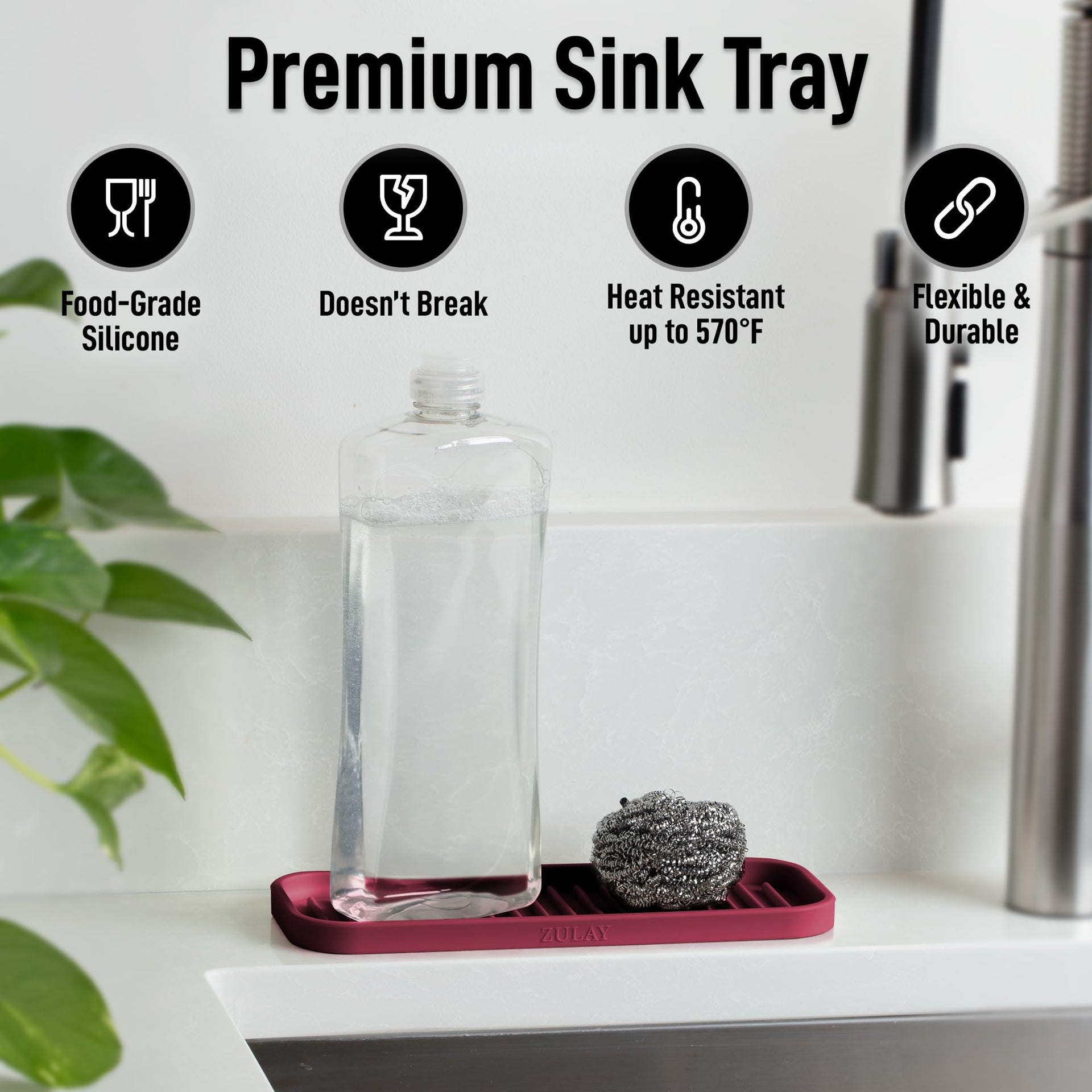9x3.5) Silicone Sponge Holder for Kitchen Sink - Flexible Multipurpose Soap Tray - Sink Organizer for Kitchen, Bathroom, Makeup, Trinkets & More (Wine Red)
