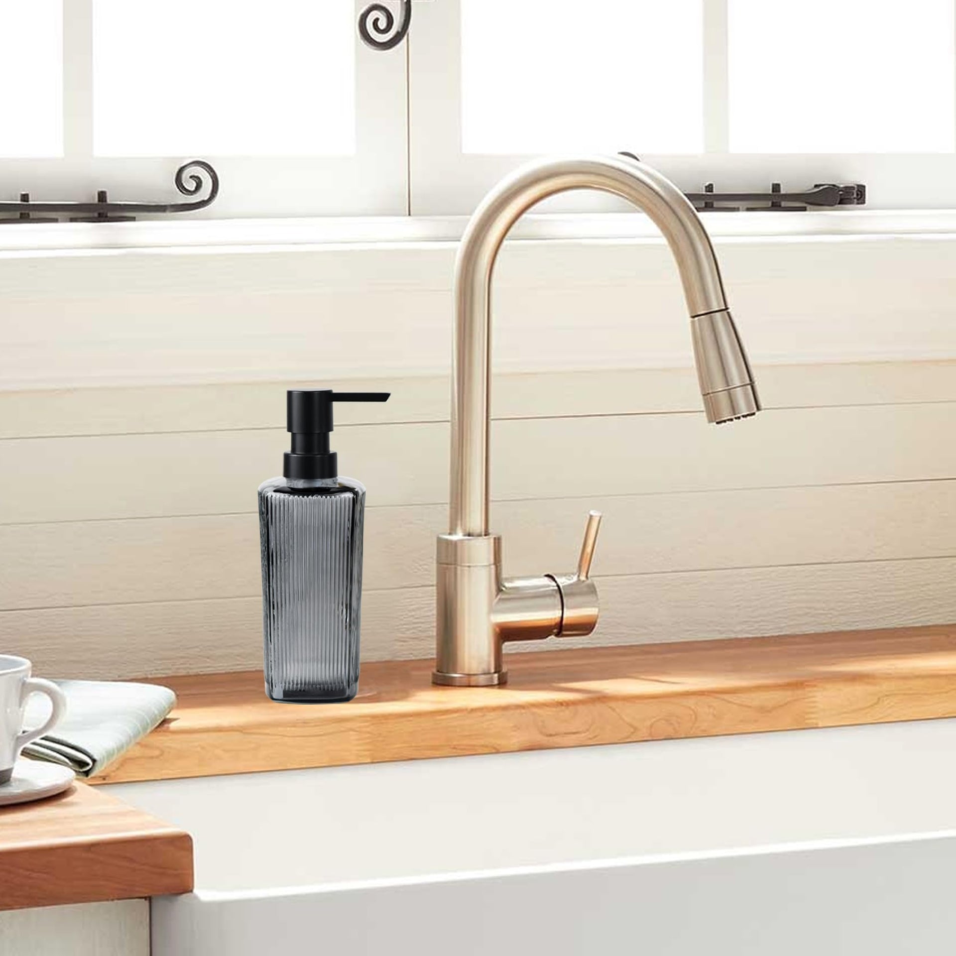 12 oz Glass Soap Dispenser with Vertical Stripe with Black Plastic Rustproof Pump