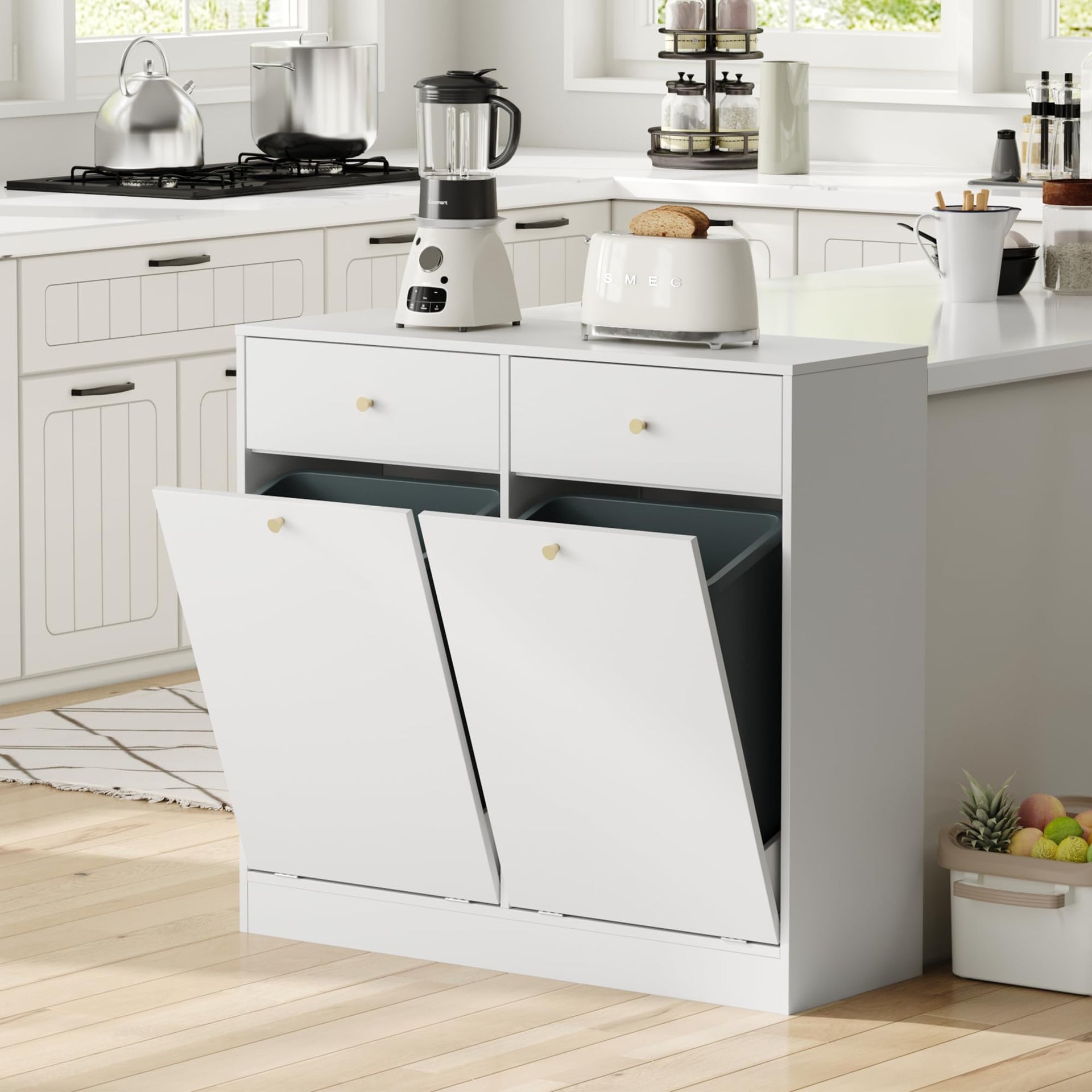 Double Tilt Out Trash Can Cabinet with 2 Drawers