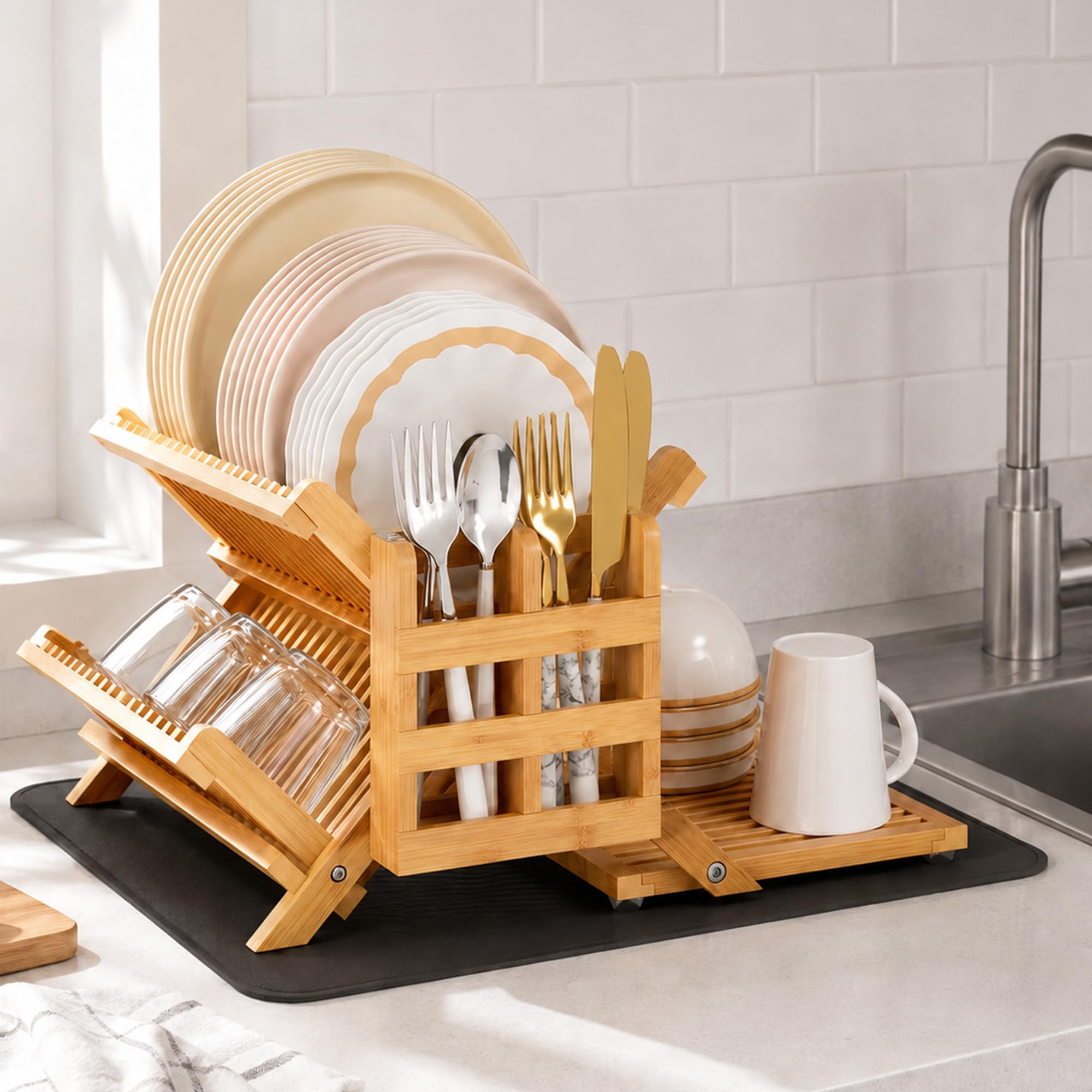 Bamboo Dish Drying Rack with Utensil Holder