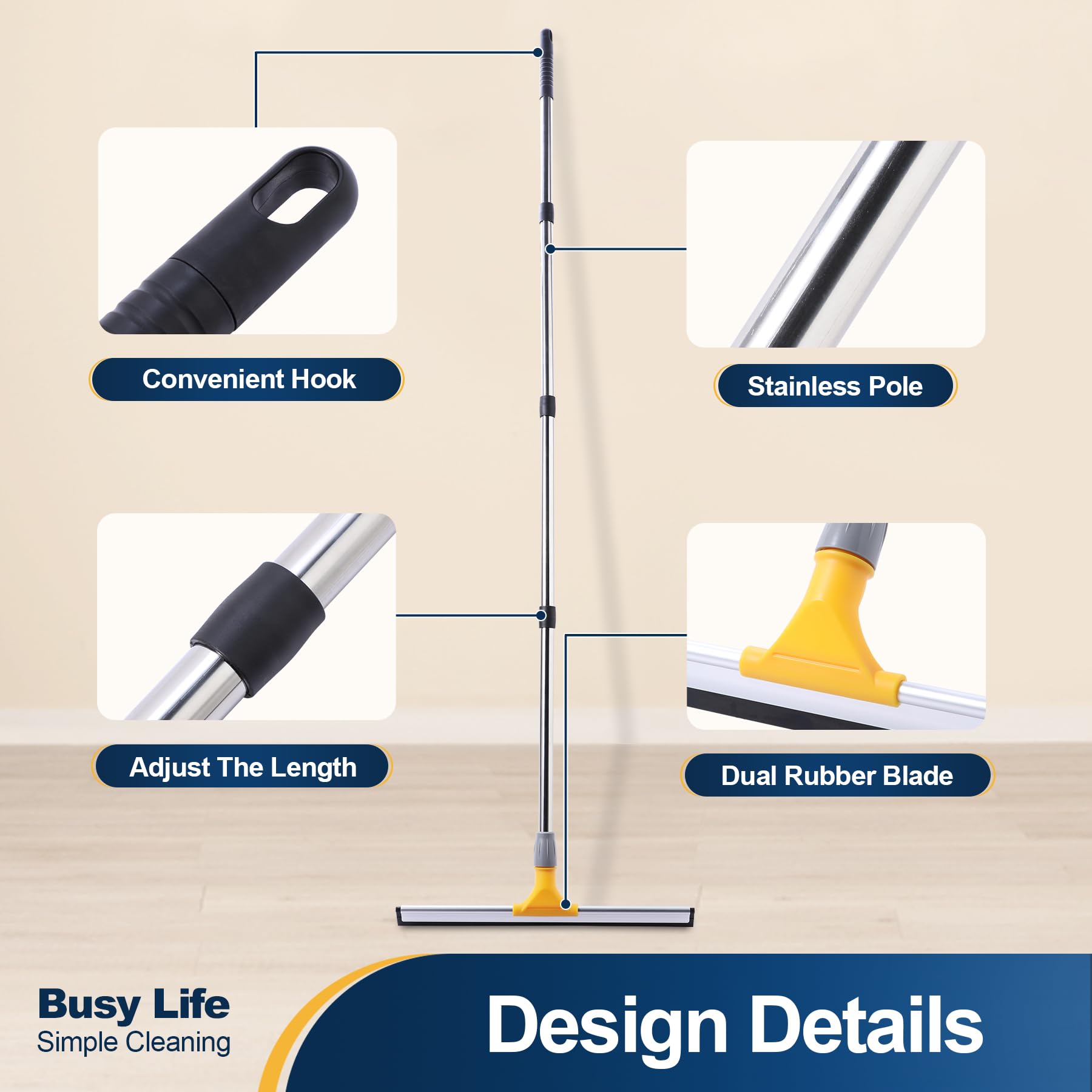 Rubber Floor Squeegee 17.7" TPR Blade Scrubber Broom 61.8inch Pole