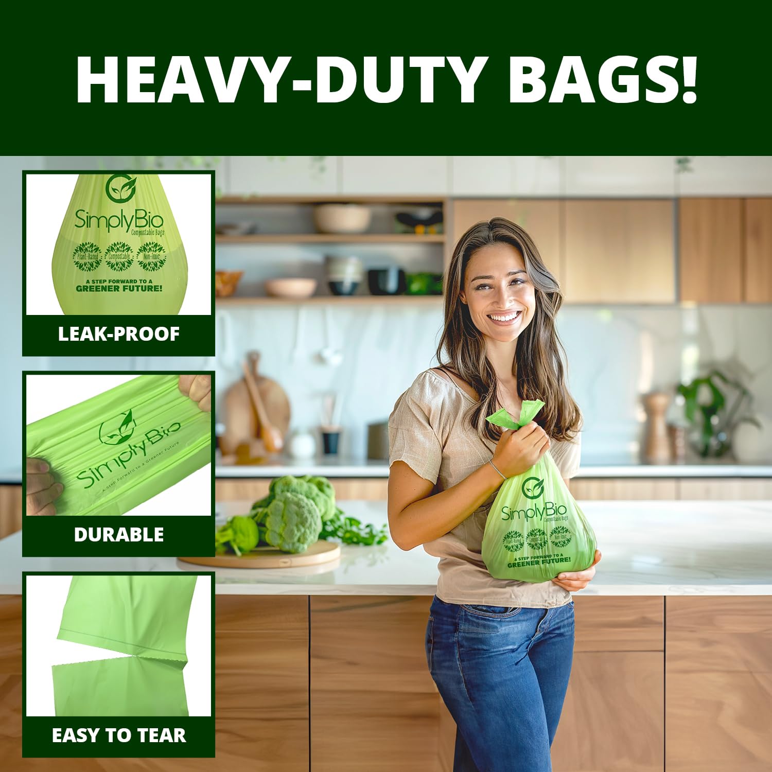 3 Gallon Compostable Trash Bags Liners with Handle (80 Count)