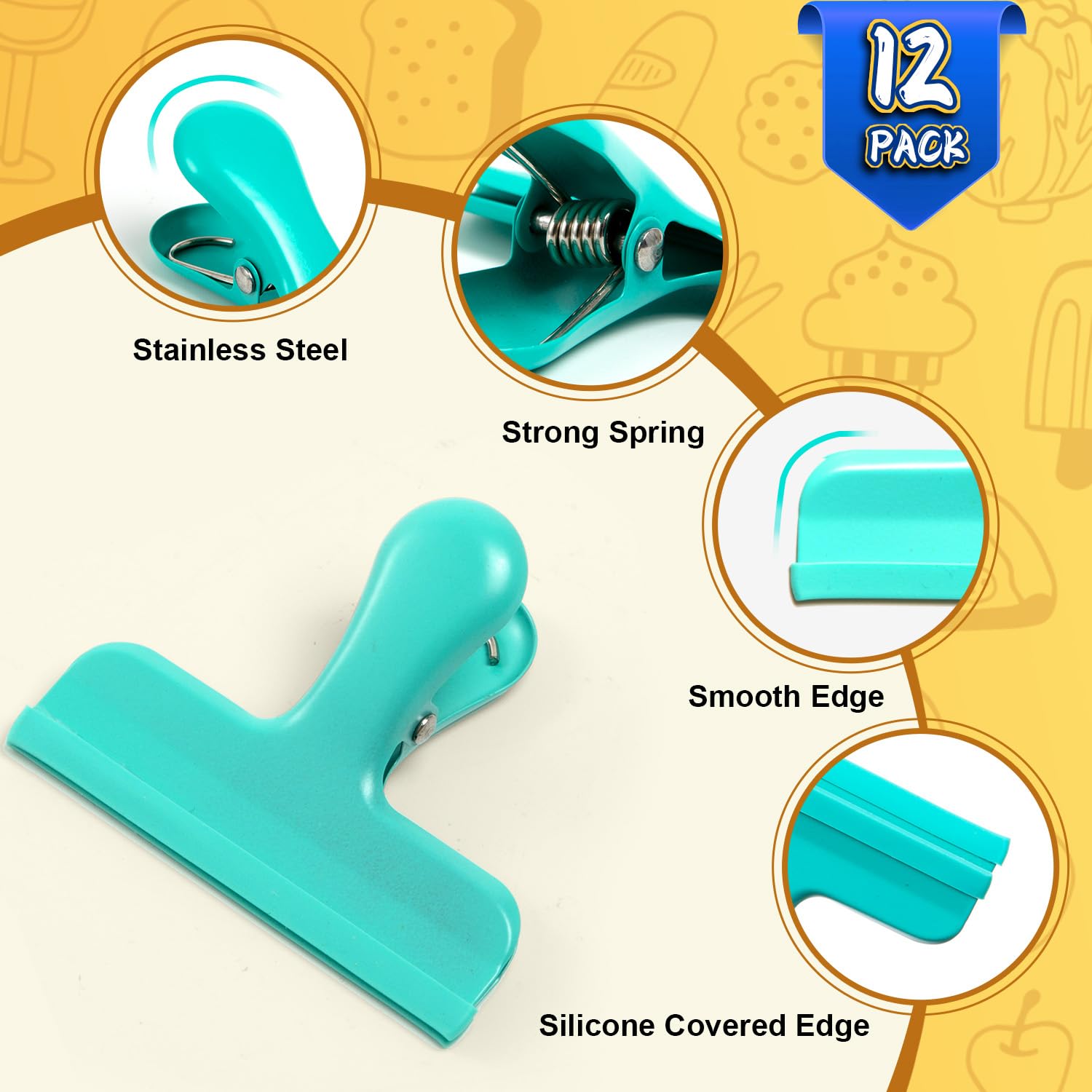 Chip Clips 12 Pack Stainless Steel Chip Bag Clips Covered with Silicone (12 Count)