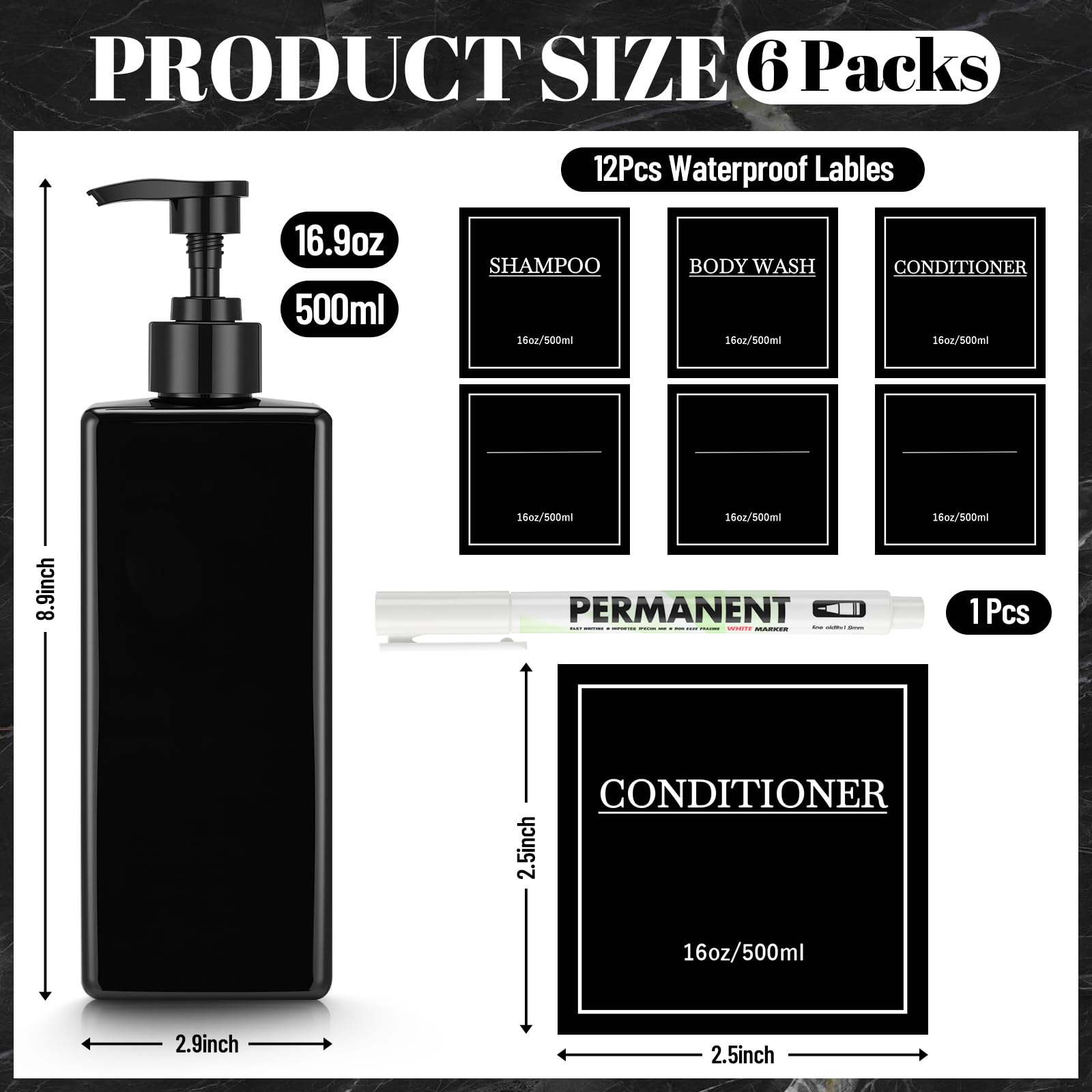 6 Pcs Shampoo and Conditioner Dispenser Bottles 16oz Modern Shower Soap Bottles with Pump (6 Count)