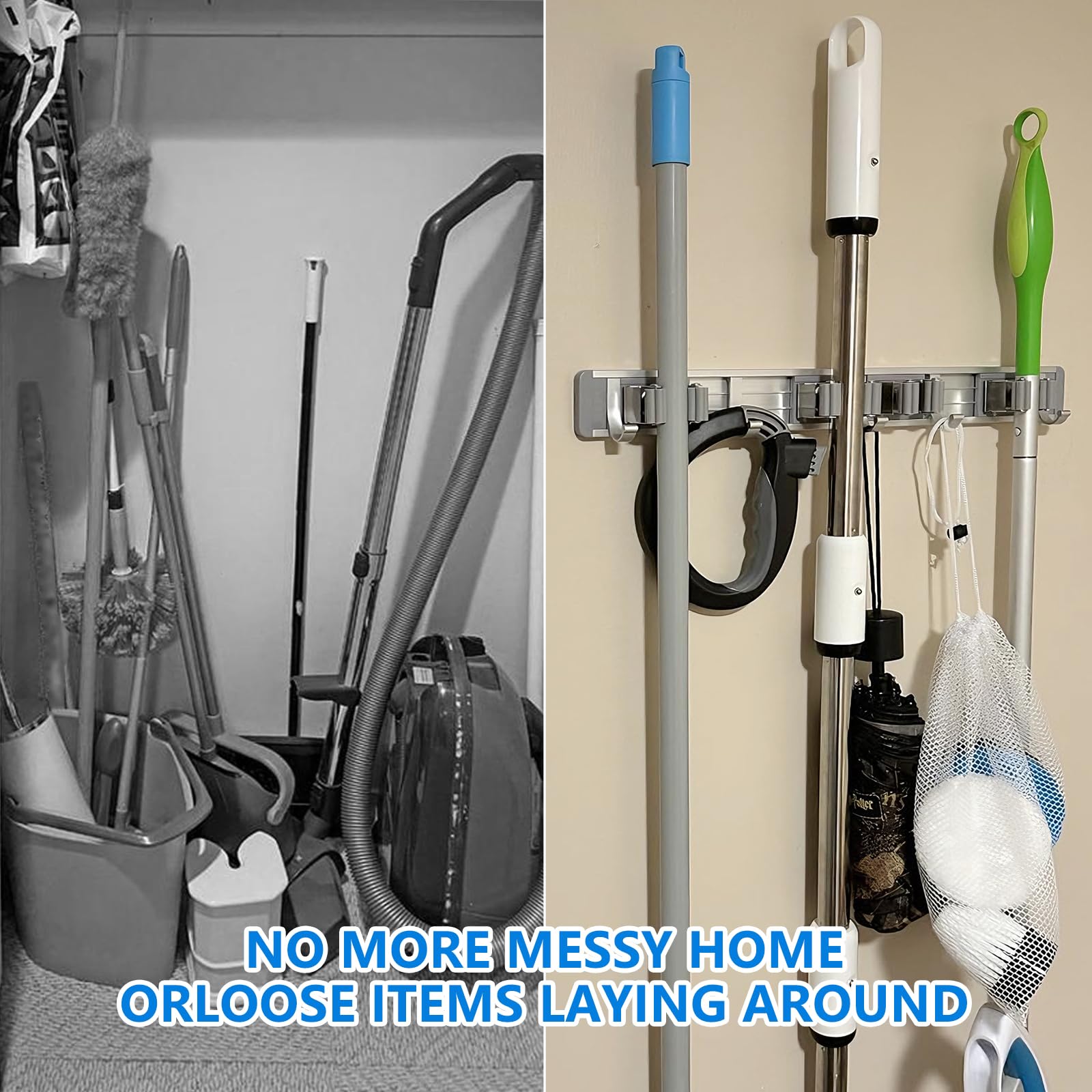 Broom Holder Wall Mount Mop Hanger Tools organizer 4Racks 5Hooks
