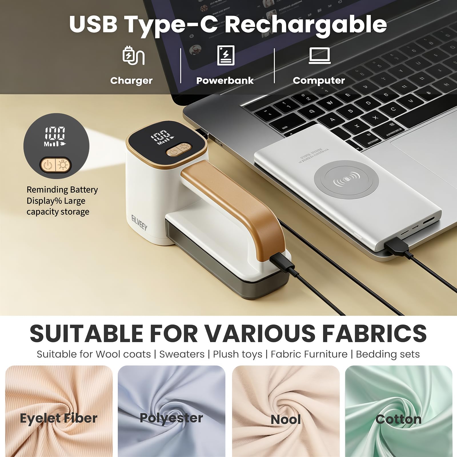 Fabric Shaver Rechargeable Lint Remover with 3 Extra Blades & Light