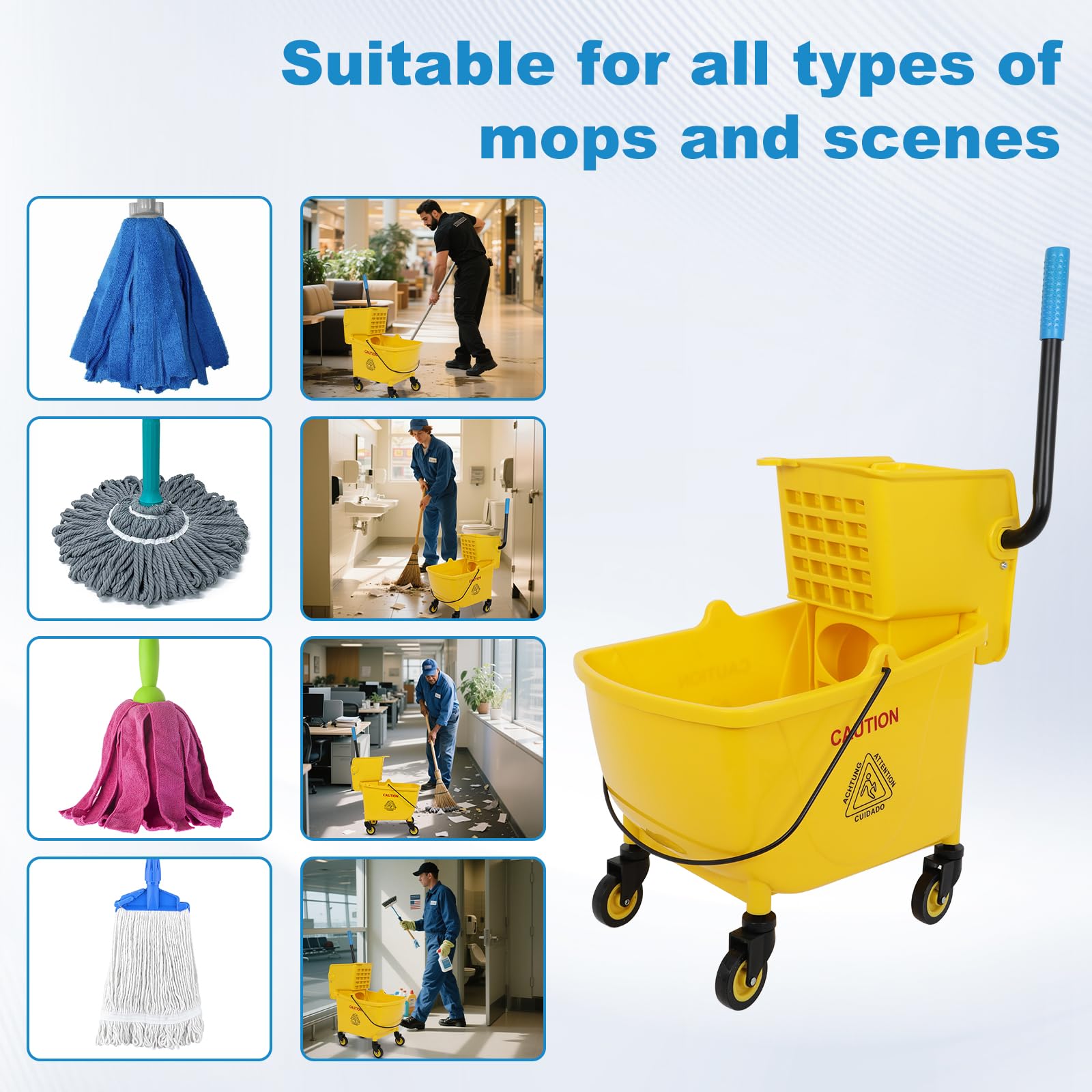35 Qt Commercial Mop Bucket with Side Press Wringer on Wheels and Mops Set for Floor Cleaning