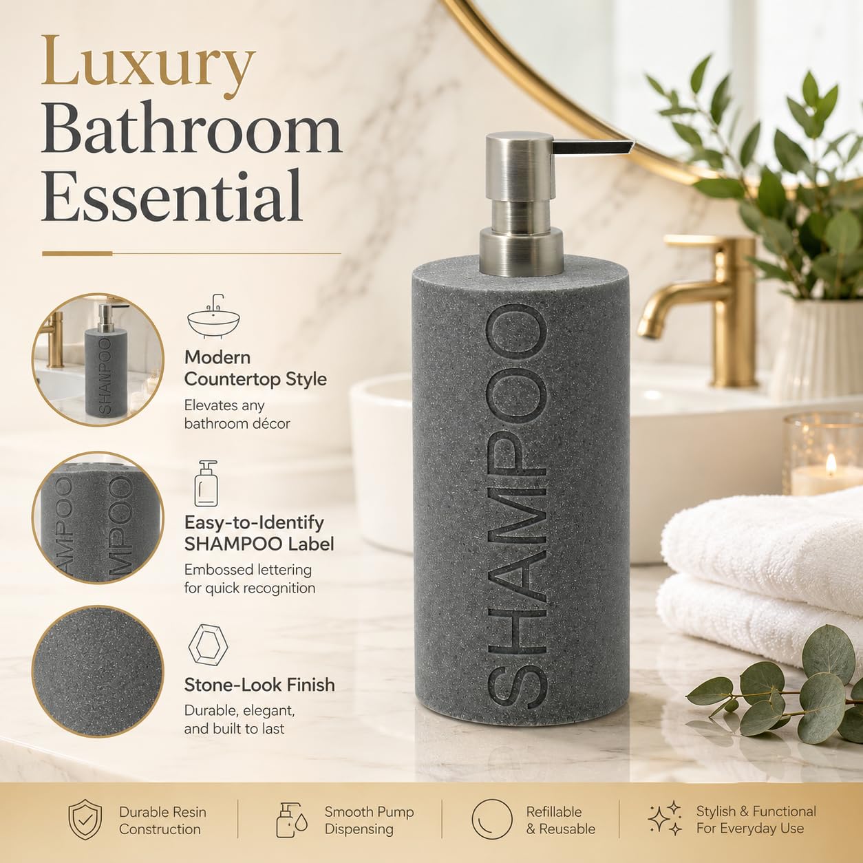 Resin Neutral Gray Sandstone Shampoo Engraved Bottle Refillable Pump Dispenser