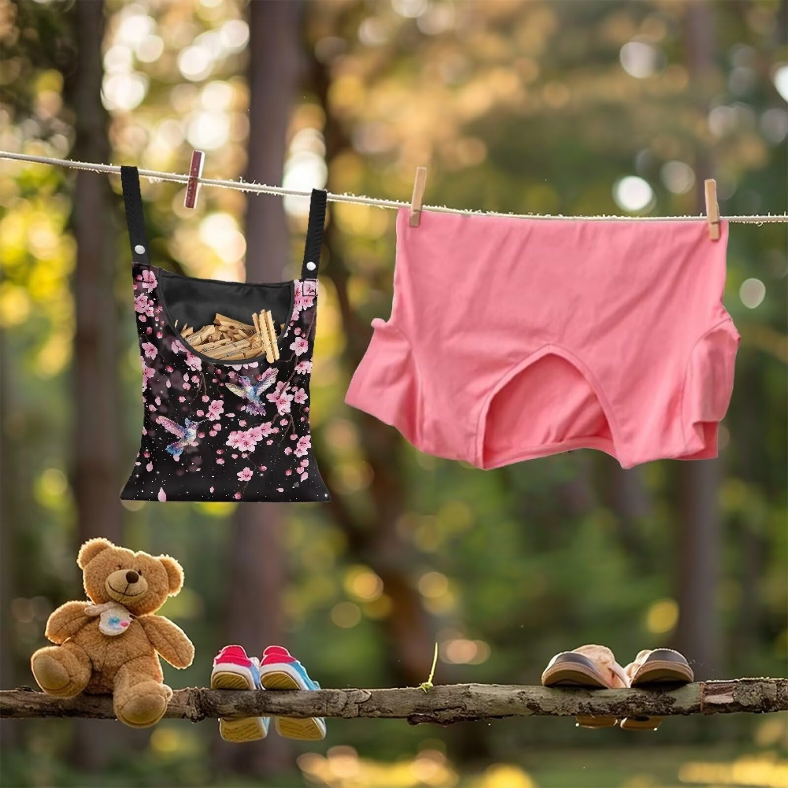 Waterproof Clothespin Bag with Hanger Hook Cherry Blossom Hummingbird