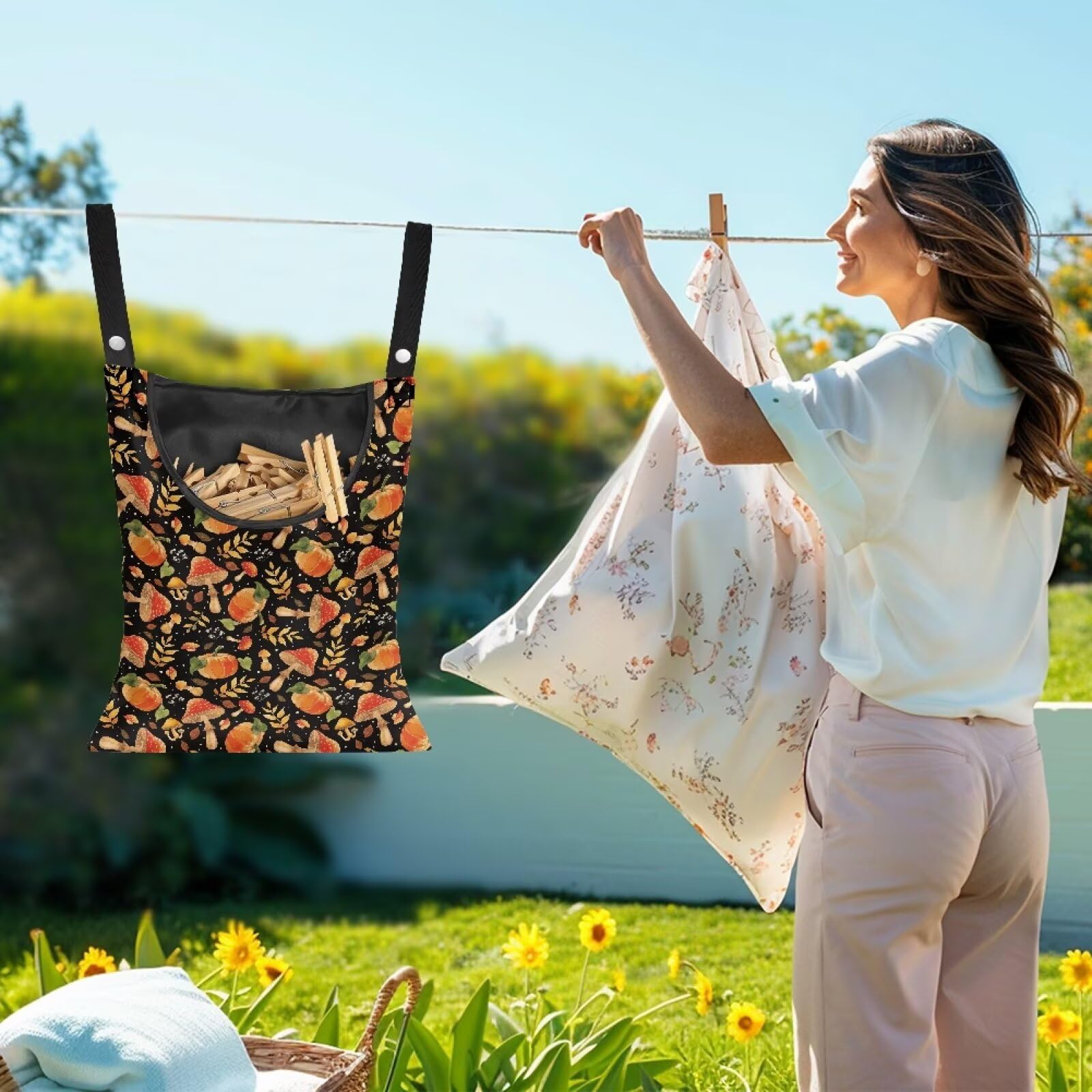 Orange Mushroom Clothespin Storage Hanger Bags Pumkpin Laundry Clothespin Bag with Large Opening