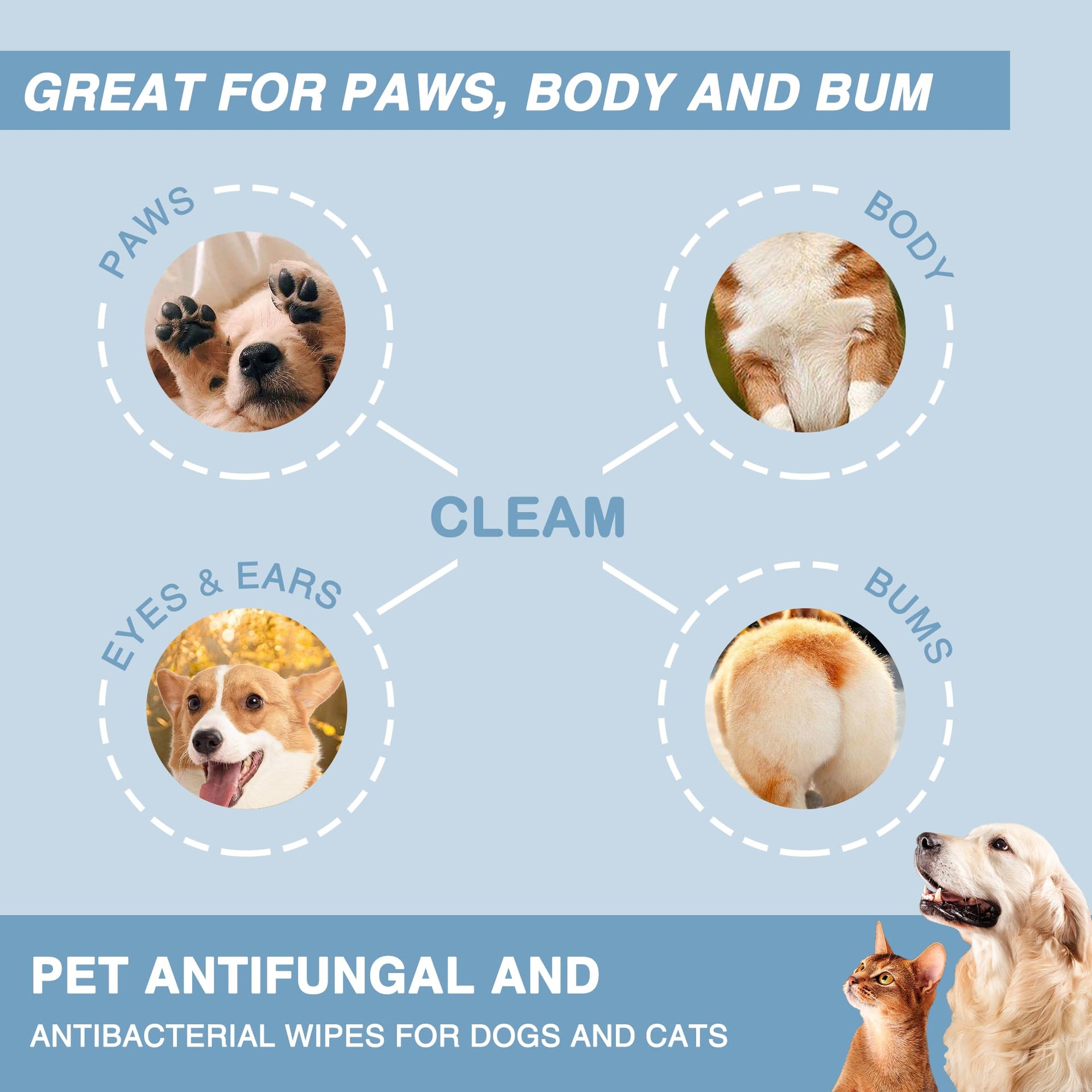 Antifungal and Antibacterial All Natural Wipes for Dogs & Cats (160 Count)
