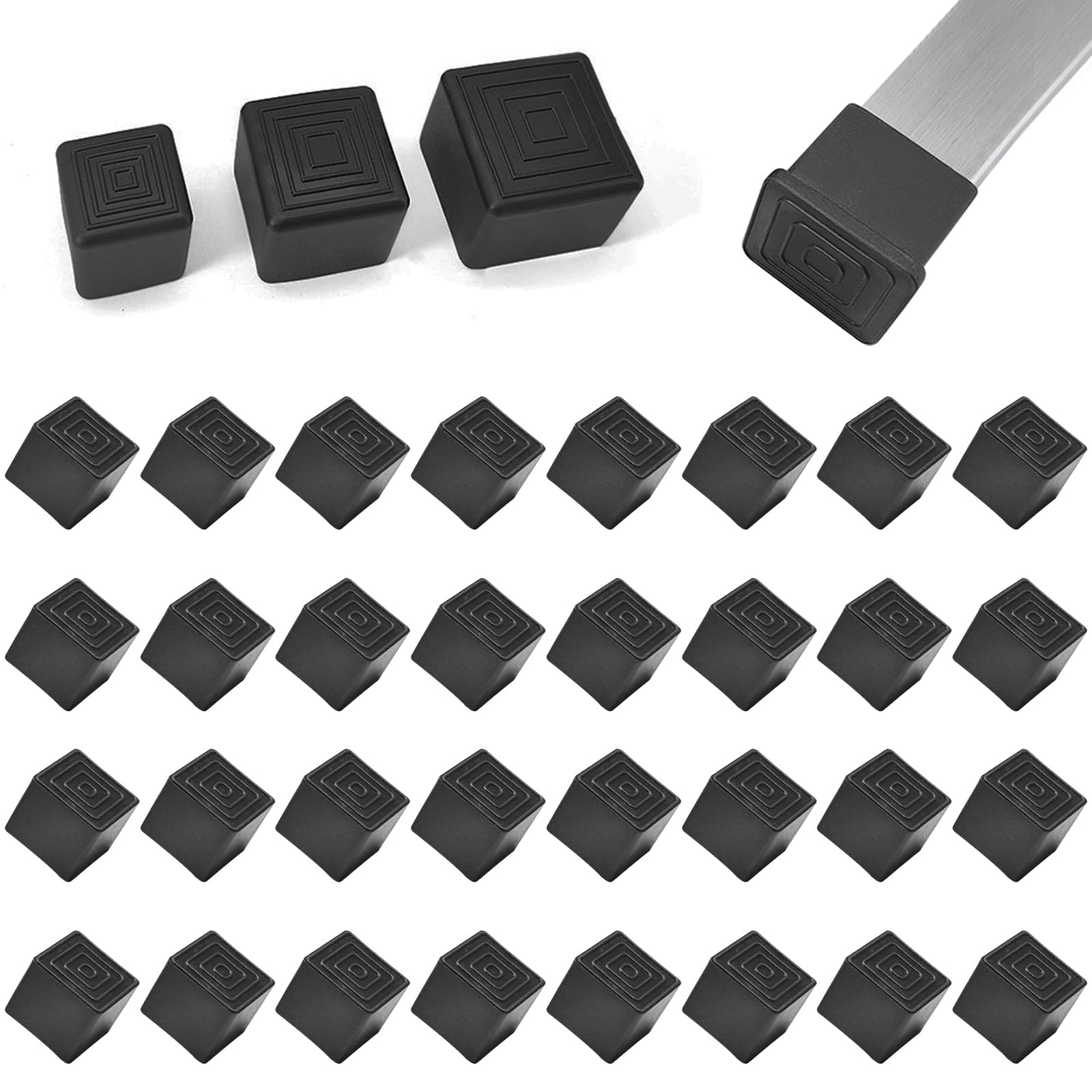 32 Pcs 1" x 1" Black Square Rubber Chair Leg Caps (32 Count)