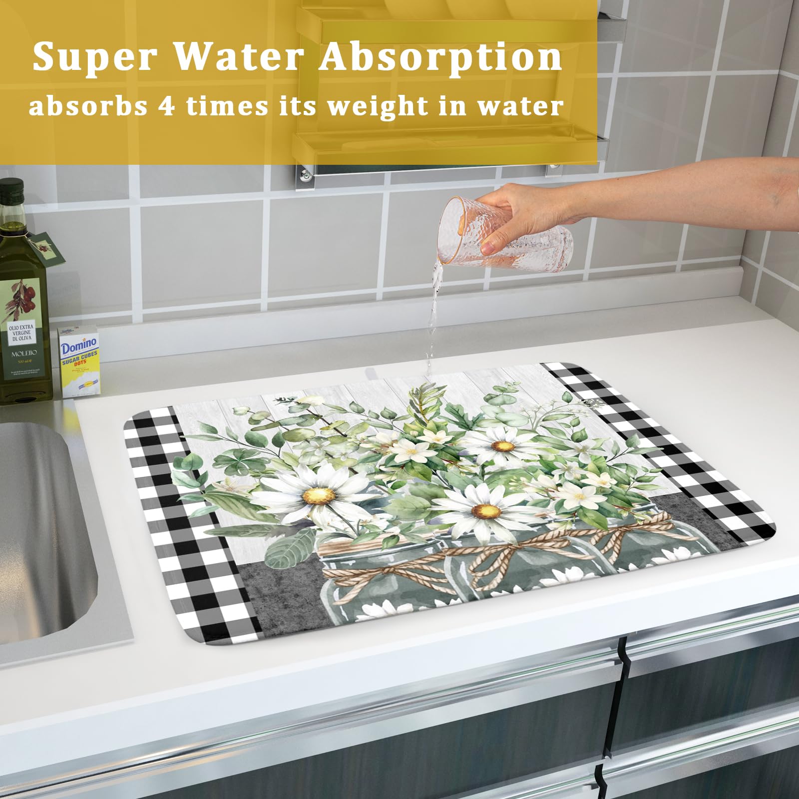 Daisy Floral Dish Drying Mat for Kitchen Counter Watercolor Flowers Absorbent Dishes Drainer Rack Mat 18x24 Inch Microfiber Dish Drying Pads Spring Kitchen Drying Dishes Pad Countertops