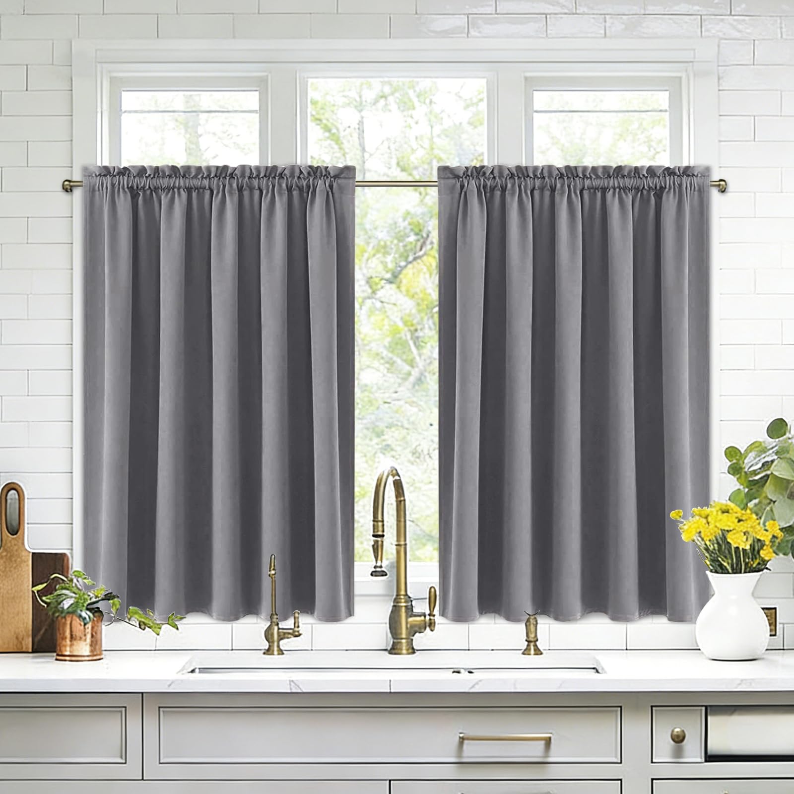 Short Blackout Curtains 60 x 36 Inch Long for Kitchen RV Bunk Grey (2 Count)