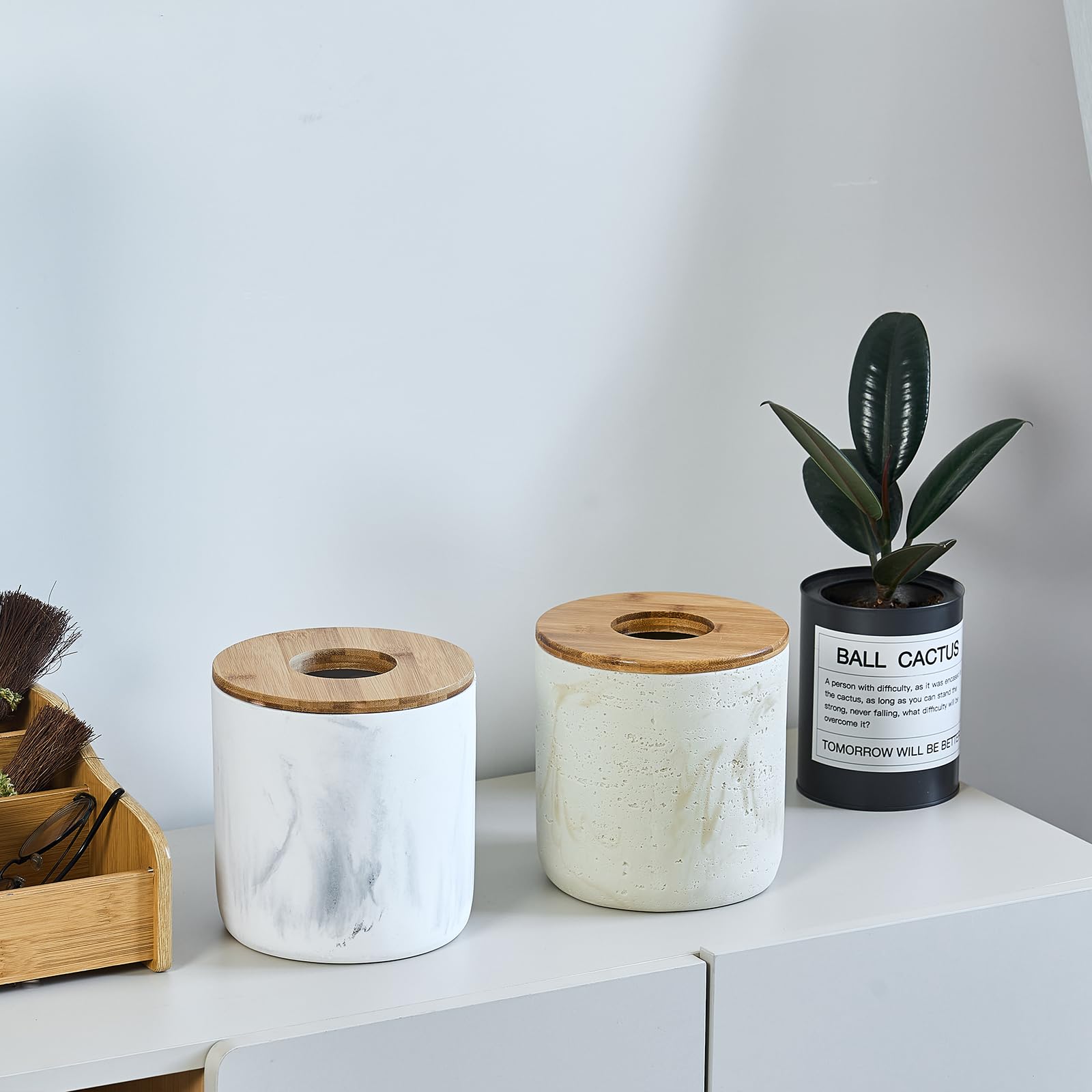 Marble White Mini Trash Can with Bamboo Lid