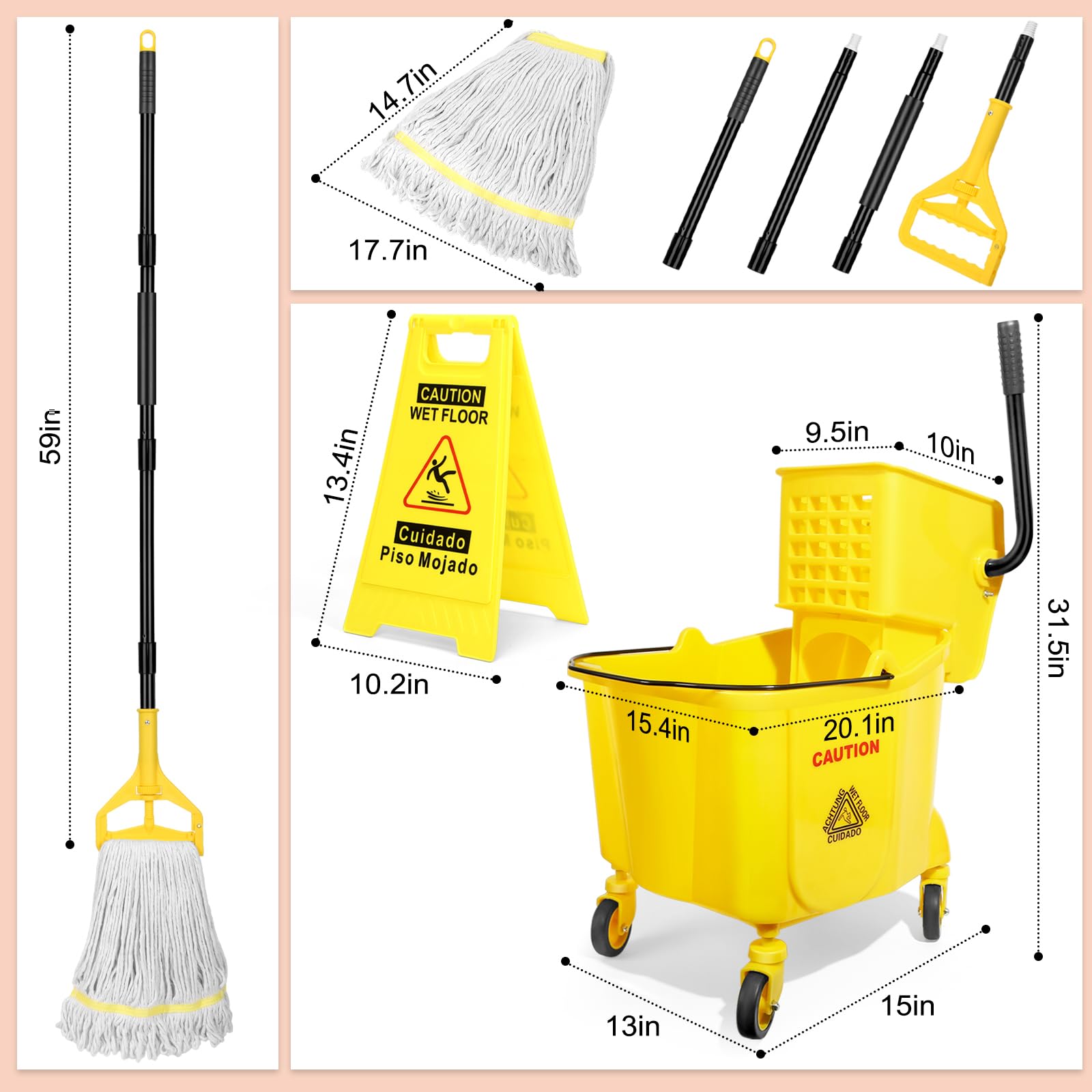 38 Qt Commercial Mop Bucket with Side Press Wringer on Wheels and Mops Set for Floor Cleaning