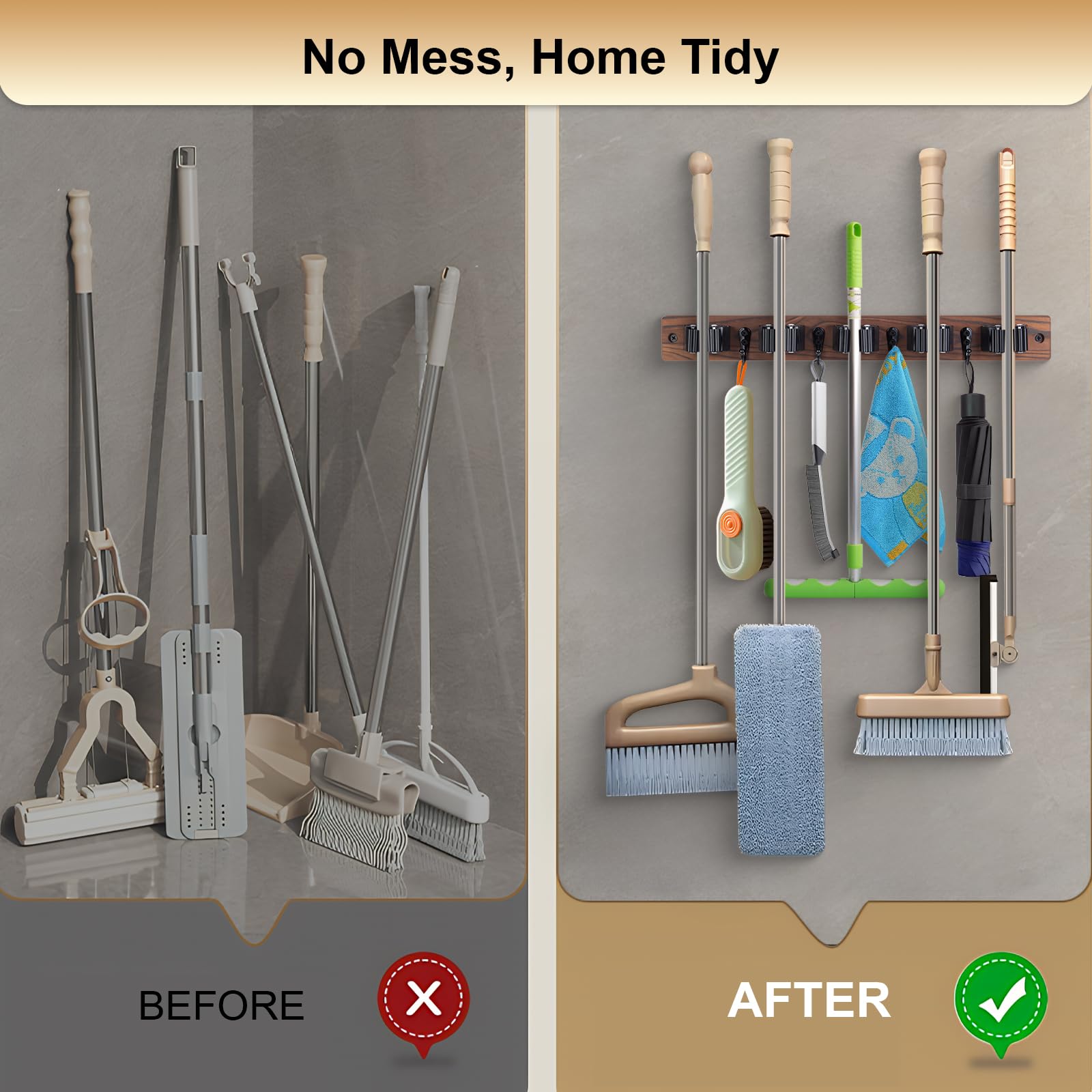 Broom Holder Wall Mount With 5 Slots & 4 Hooks