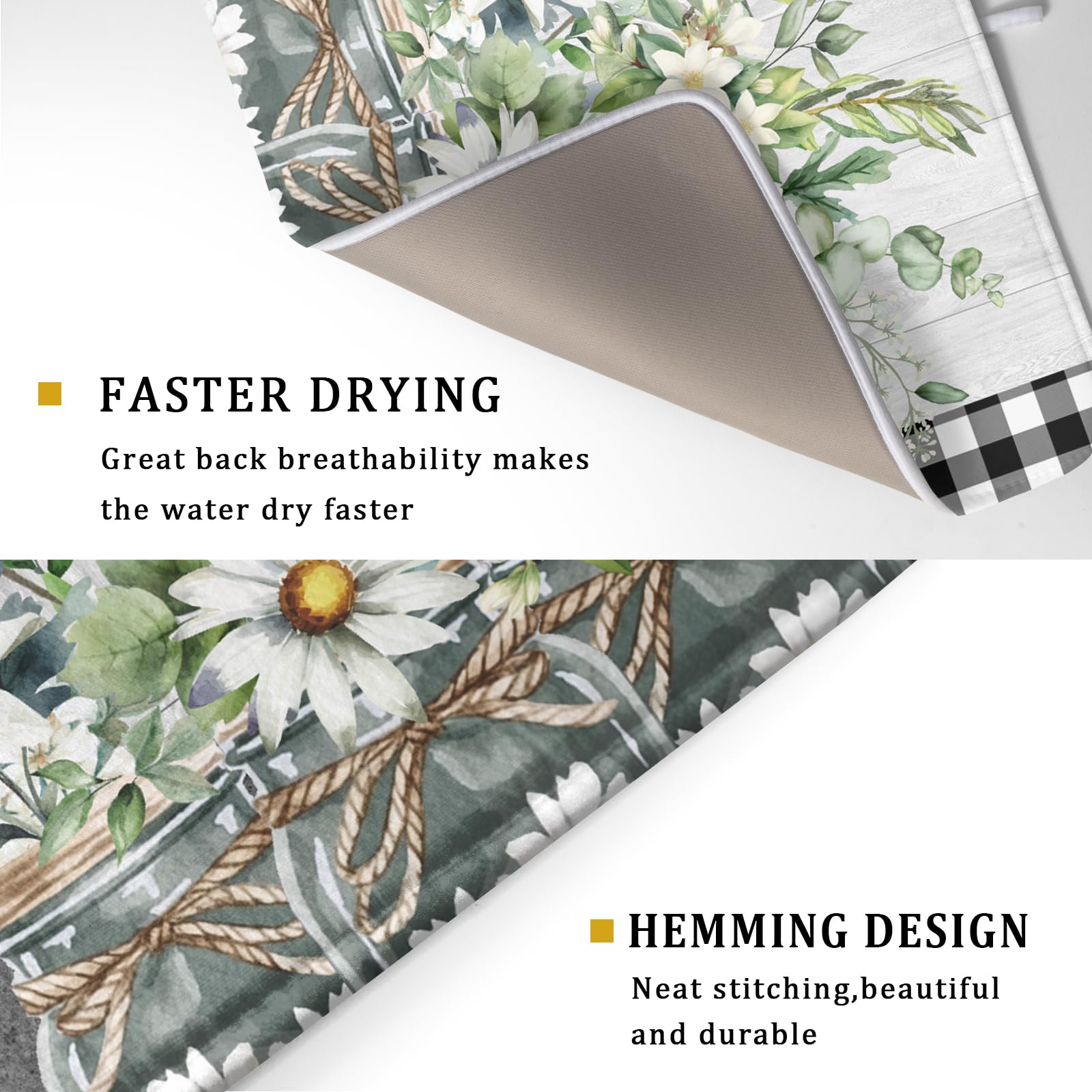 Daisy Floral Dish Drying Mat for Kitchen Counter Watercolor Flowers Absorbent Dishes Drainer Rack Mat 18x24 Inch Microfiber Dish Drying Pads Spring Kitchen Drying Dishes Pad Countertops