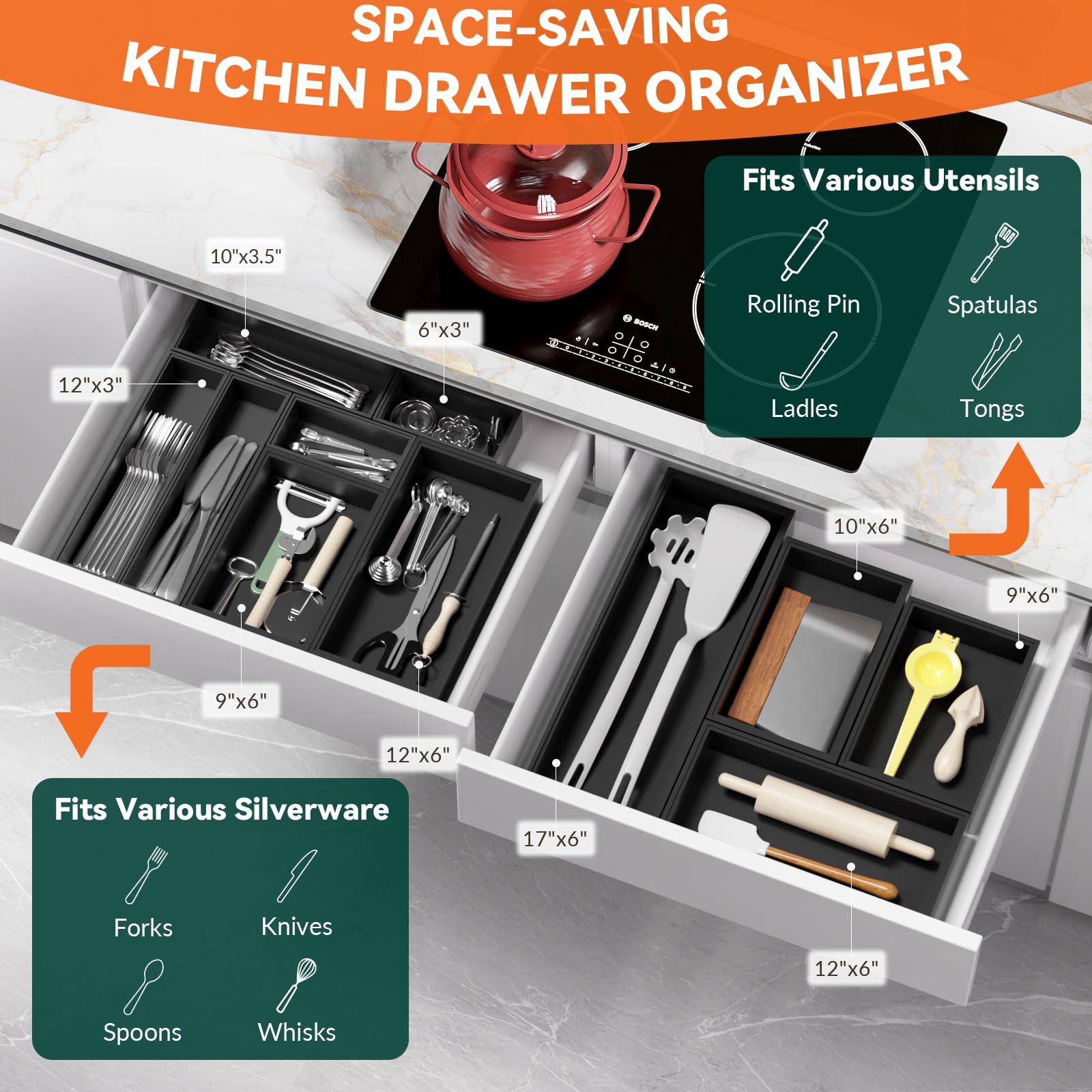 Bamboo Drawer Organizer for Kitchen Utensils (2 Count)