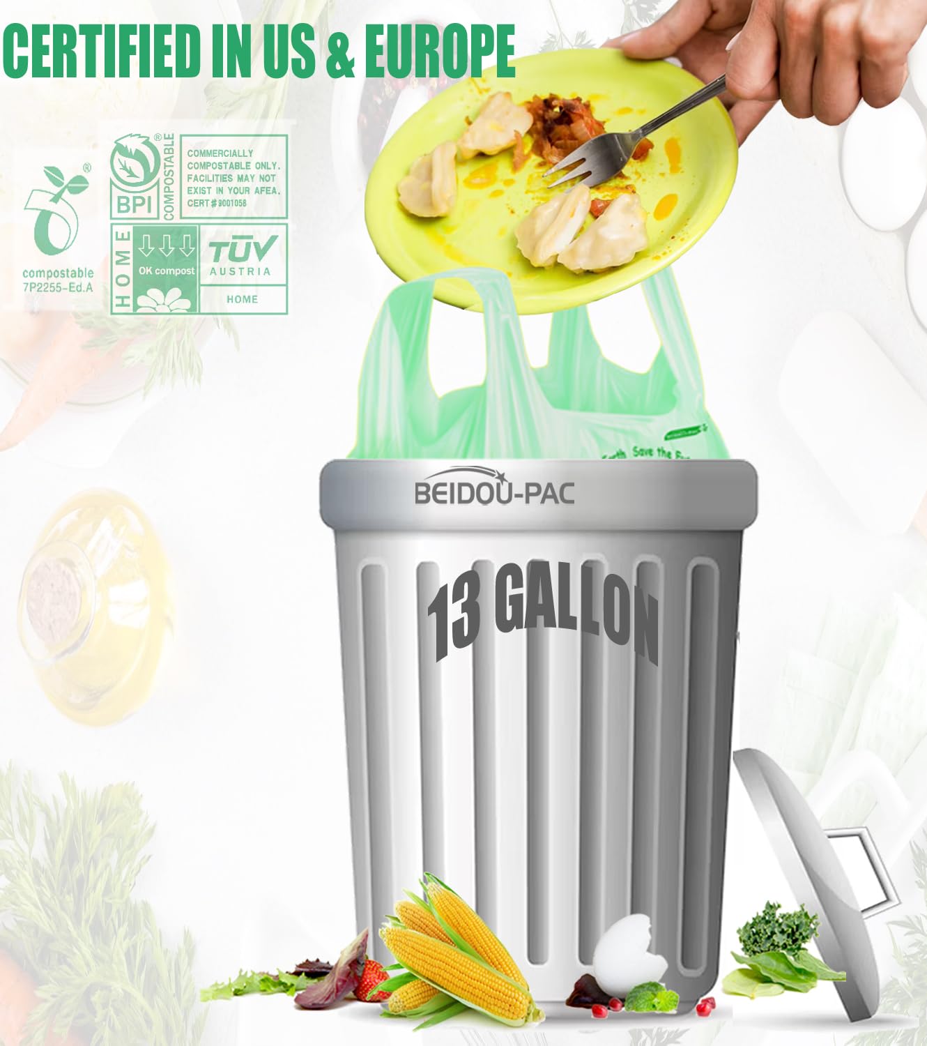 13 Gallon Compostable Tall Kitchen Trash Bags with Handle (50 Count)