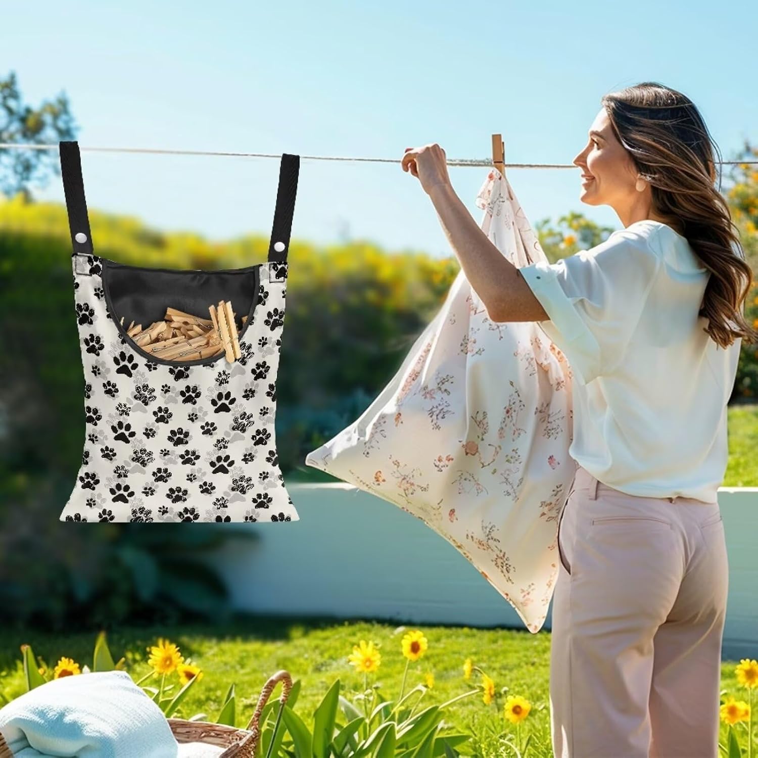 Dog Paw Print Clothespin Bag with Hanging Hook Summer Laundry Clothes Pin Holder Waterproof Clothes Pin Hanging Bag Clothespin Storage Organizer with Large Opening