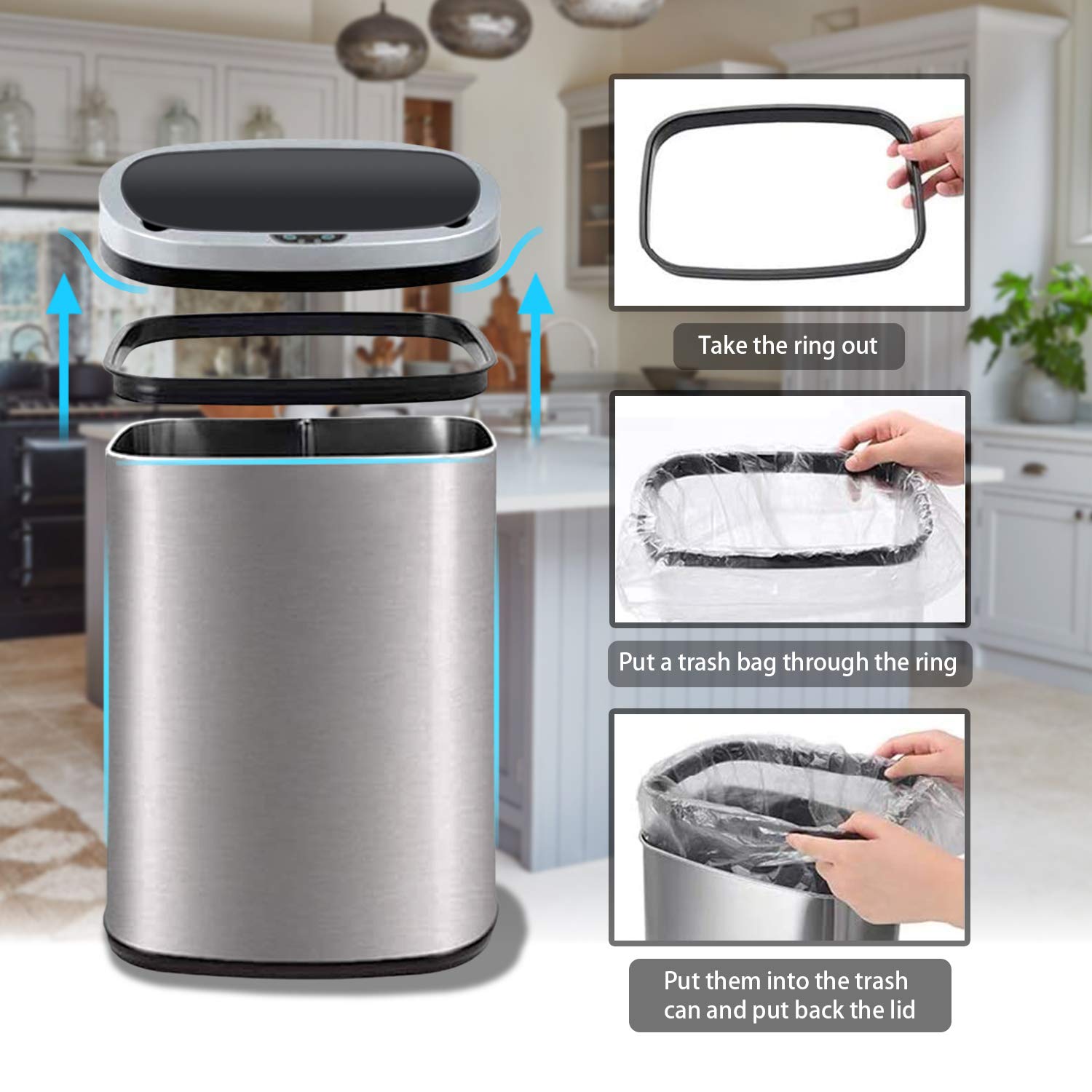 Trash Can Automatic Waste Bin Mute Metal Garbage Can with Lid Stainless Steel 13 Gallon 50 Liter for Kitchen