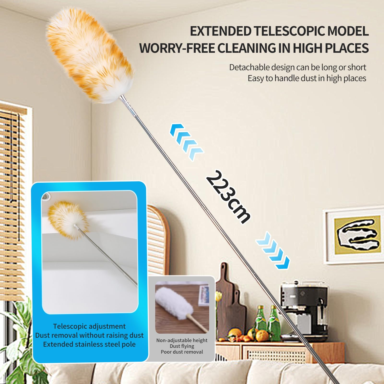 Lambswool Duster for Cleaning with Solid Wooden Handle Leather Hang Strap 87.8" Removable Retractable Feather Duster for Cleaning Ceiling Fans Window Blinds Interior Roof Furniture