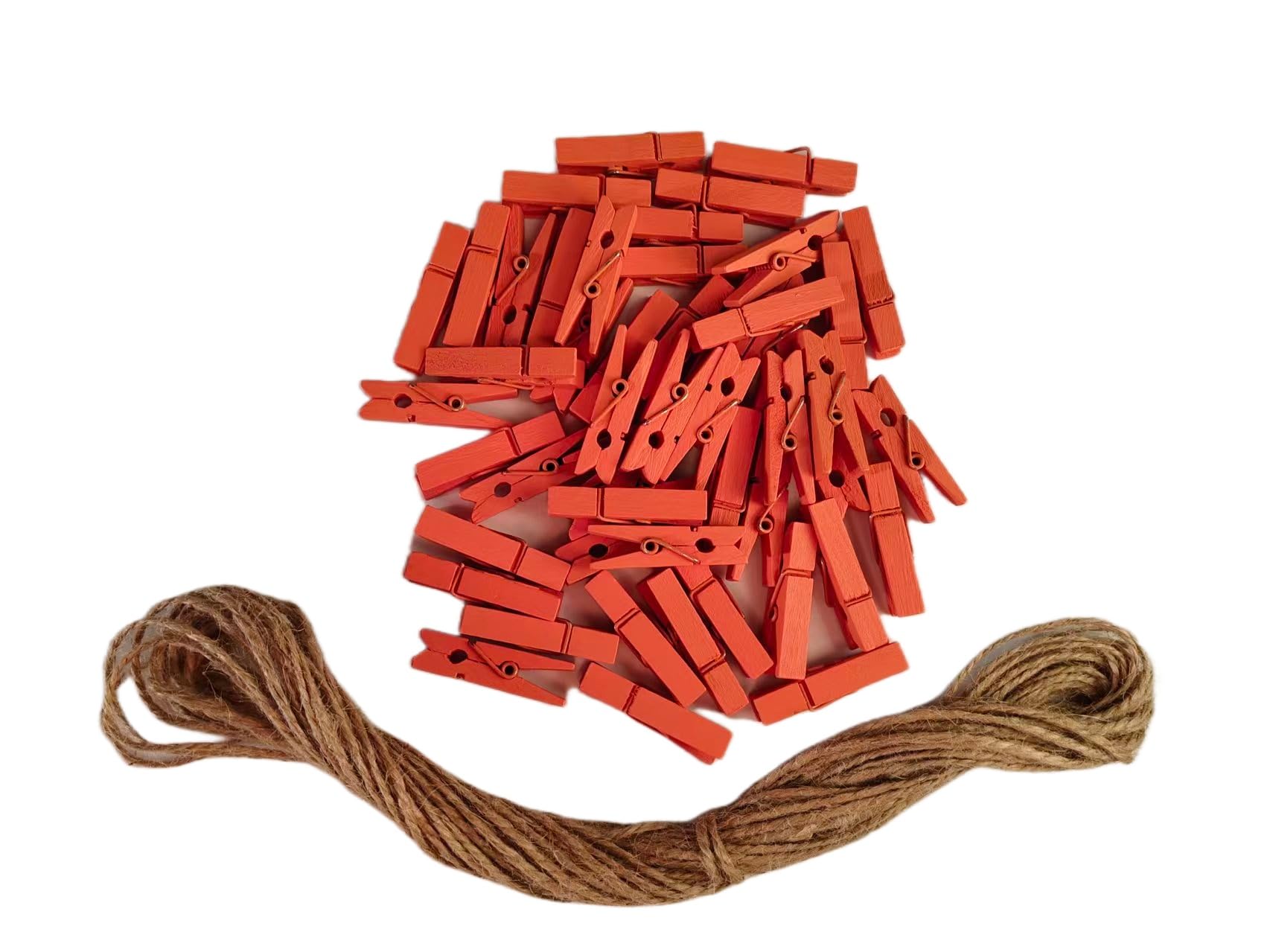 50 Pieces DIY Mini Color Wooden Clothespins Home Decoration Hanging Craft Clips Photo Holder Paper Peg Jute Twine Clothing Line Orange (50 Count)