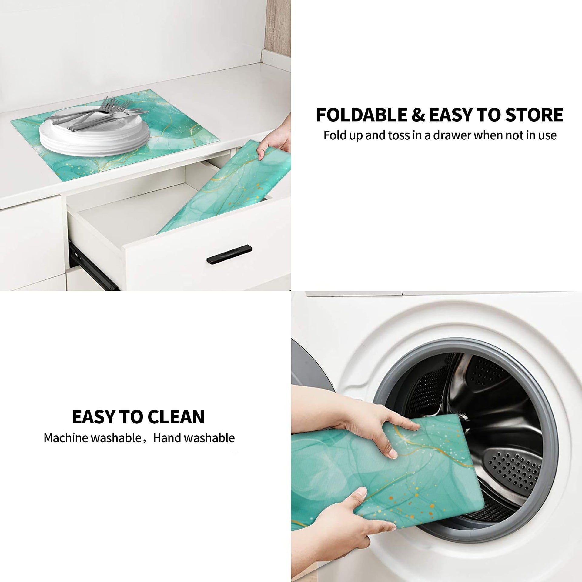 Teal Gold Marble Dish Drying Mat for Kitchen Counter 16x18 Inch