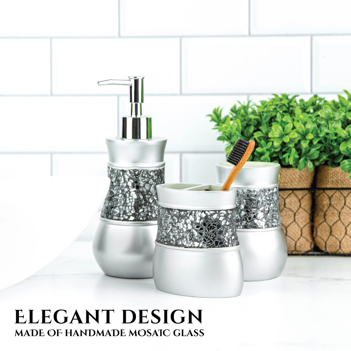 Crackled Glass Silver Hand Soap Dispenser for Bathroom (2 Count)