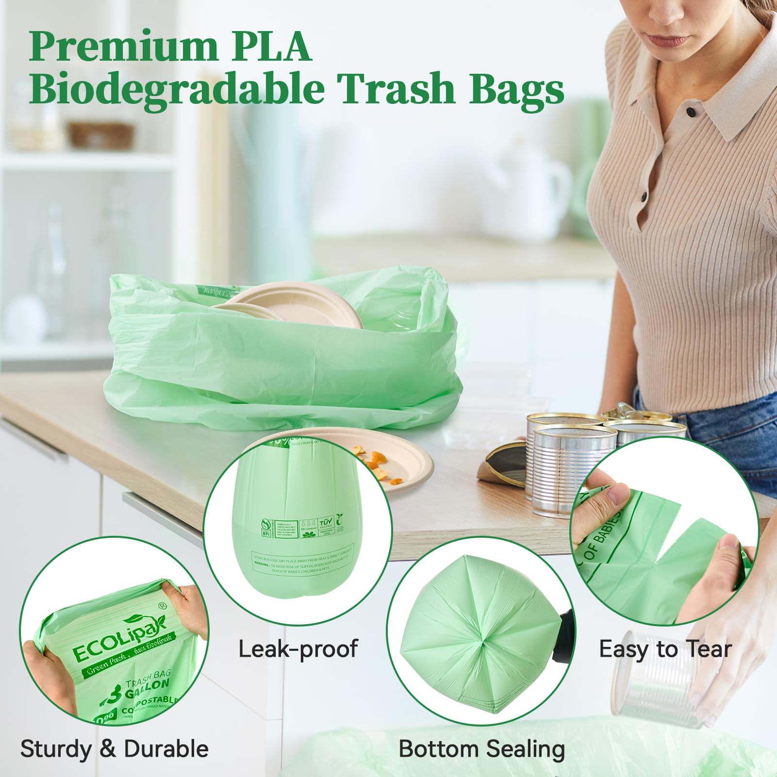 13 Gallon 100 Count Compostable Kitchen Trash Garbage Bags